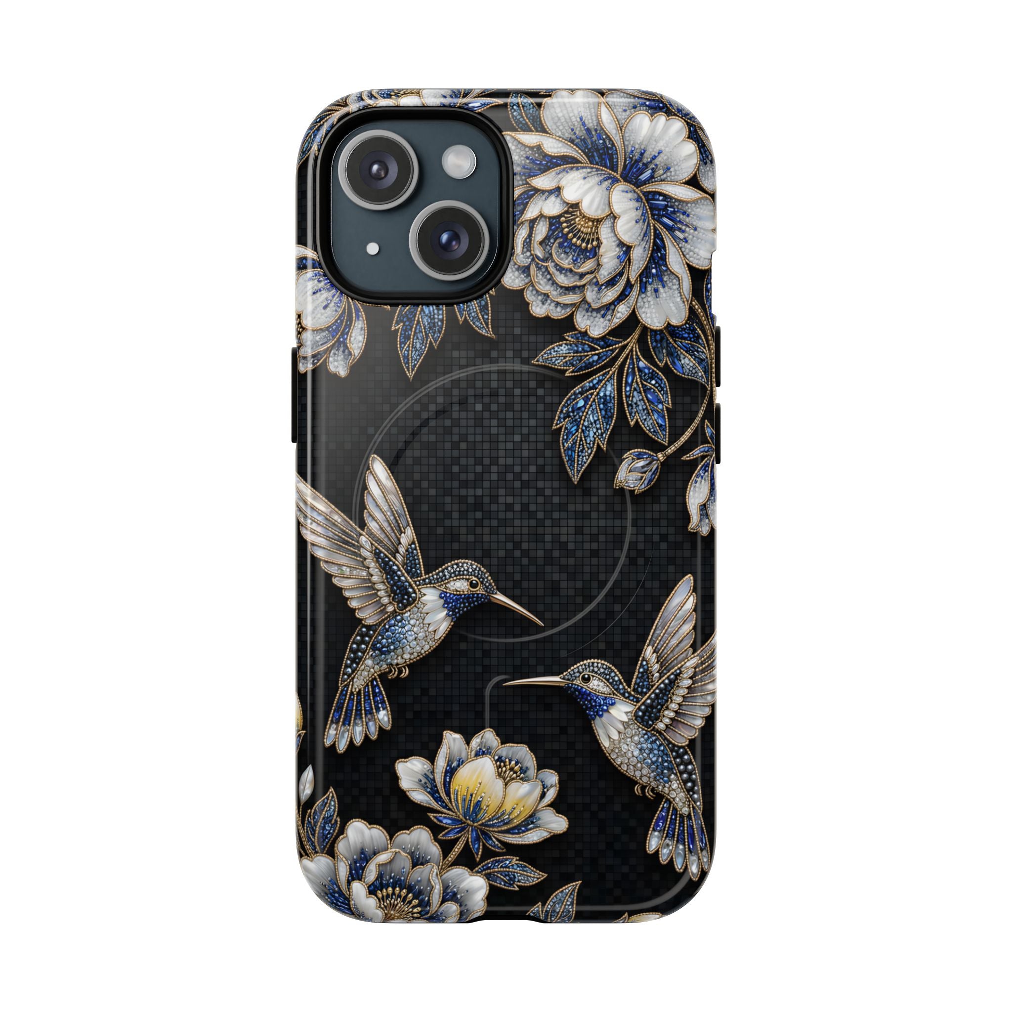 Hummingbird & Peony Floral MagSafe iPhone Case | Elegant Black Protective Cover