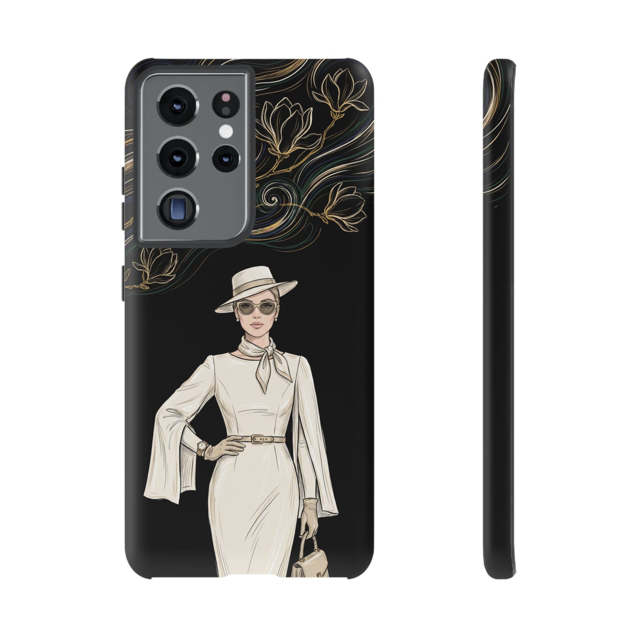 Samsung Galaxy Phone Case | Elegant Vintage Lady with Gold Floral Swirls