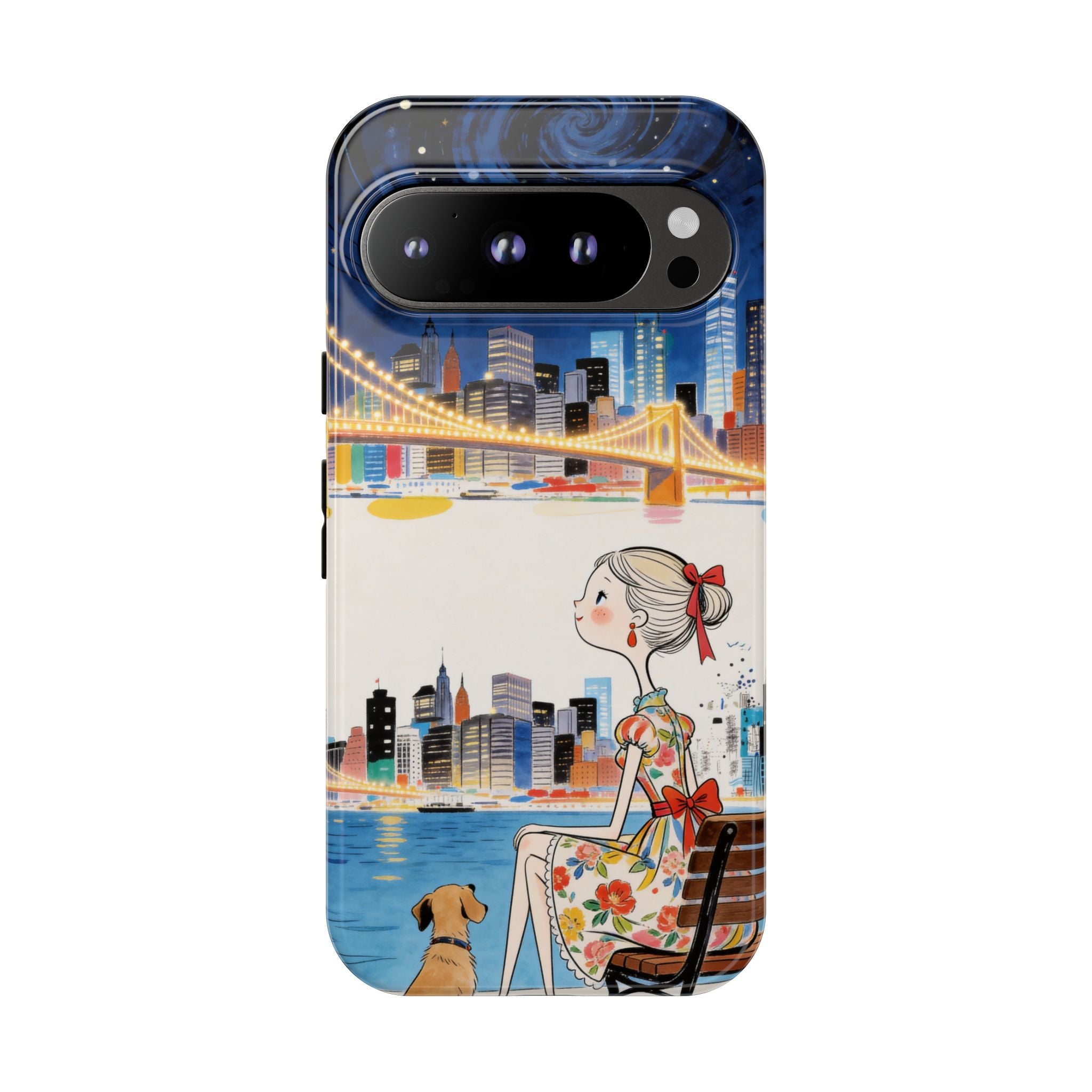 City Night Google Pixel Phone Case | Cute Girl & Dog Bench Illustration