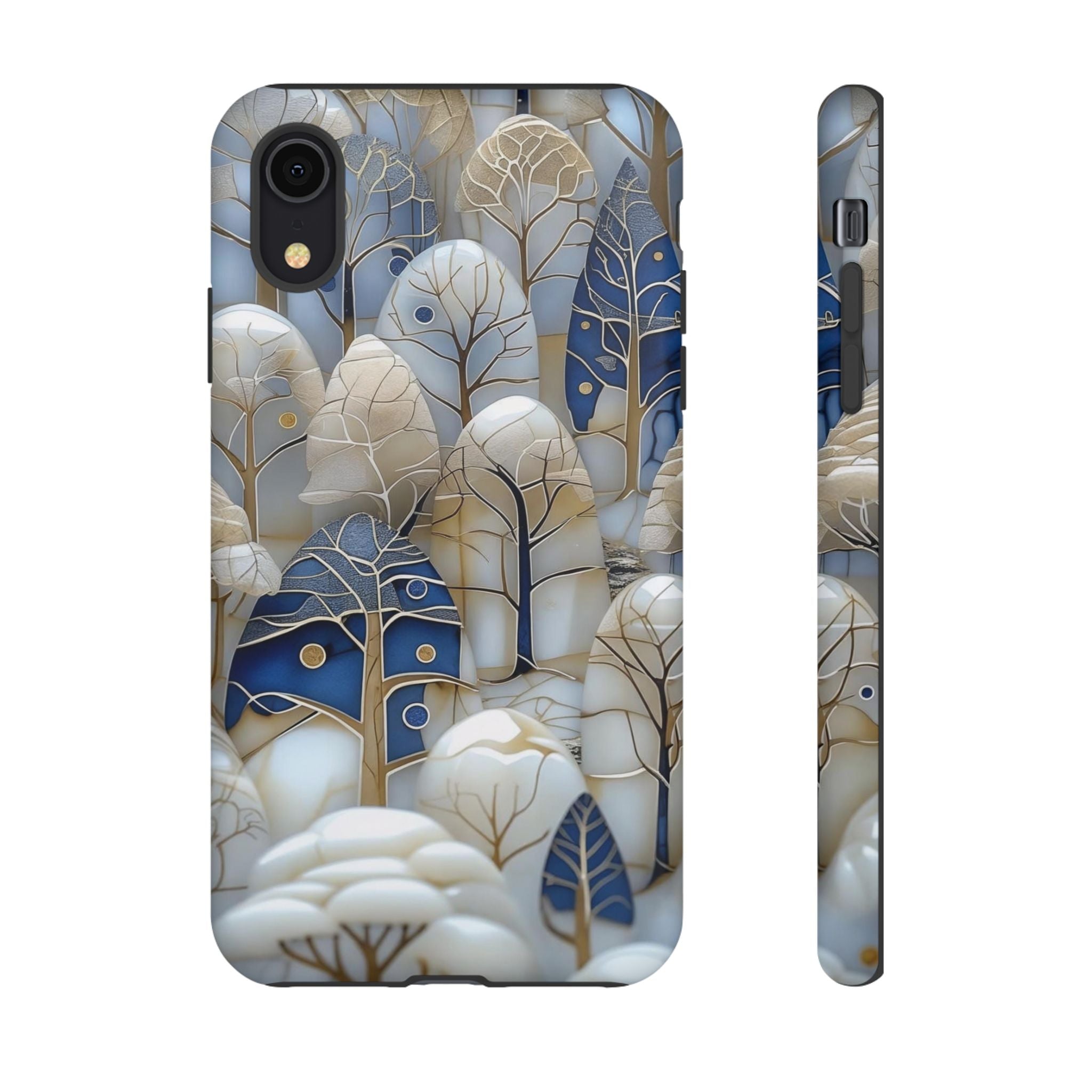 Blue Gold Winter Forest iPhone Case — Elegant Tree Pattern Tough Case