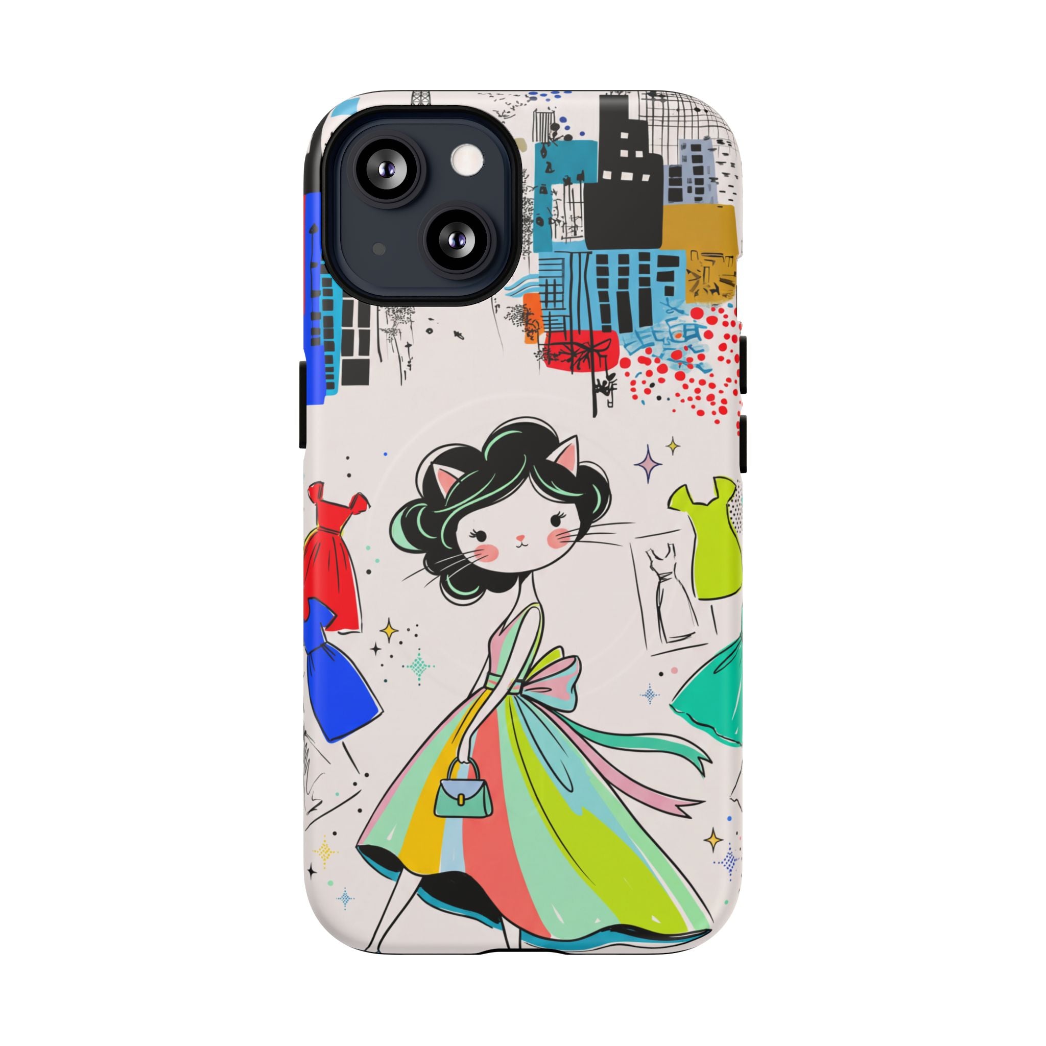 Retro Fashion Cat Girl MagSafe iPhone Case | Cute Dress & City Print