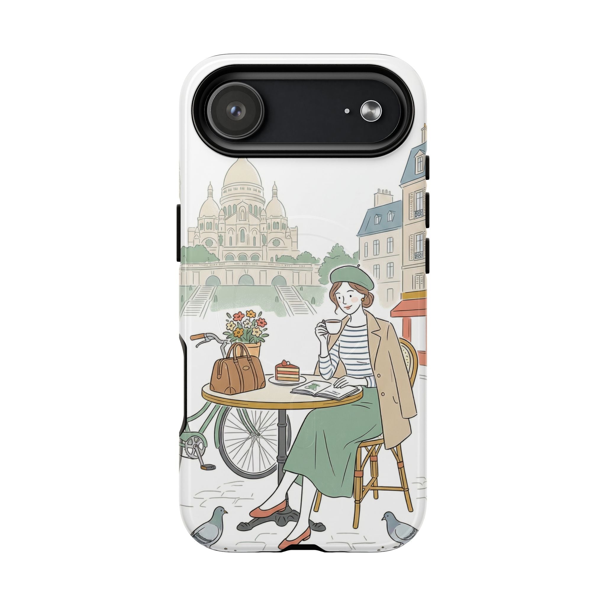 Paris Cafe Illustration MagSafe iPhone Case | Vintage Bicycles & Pigeons Protective Cover