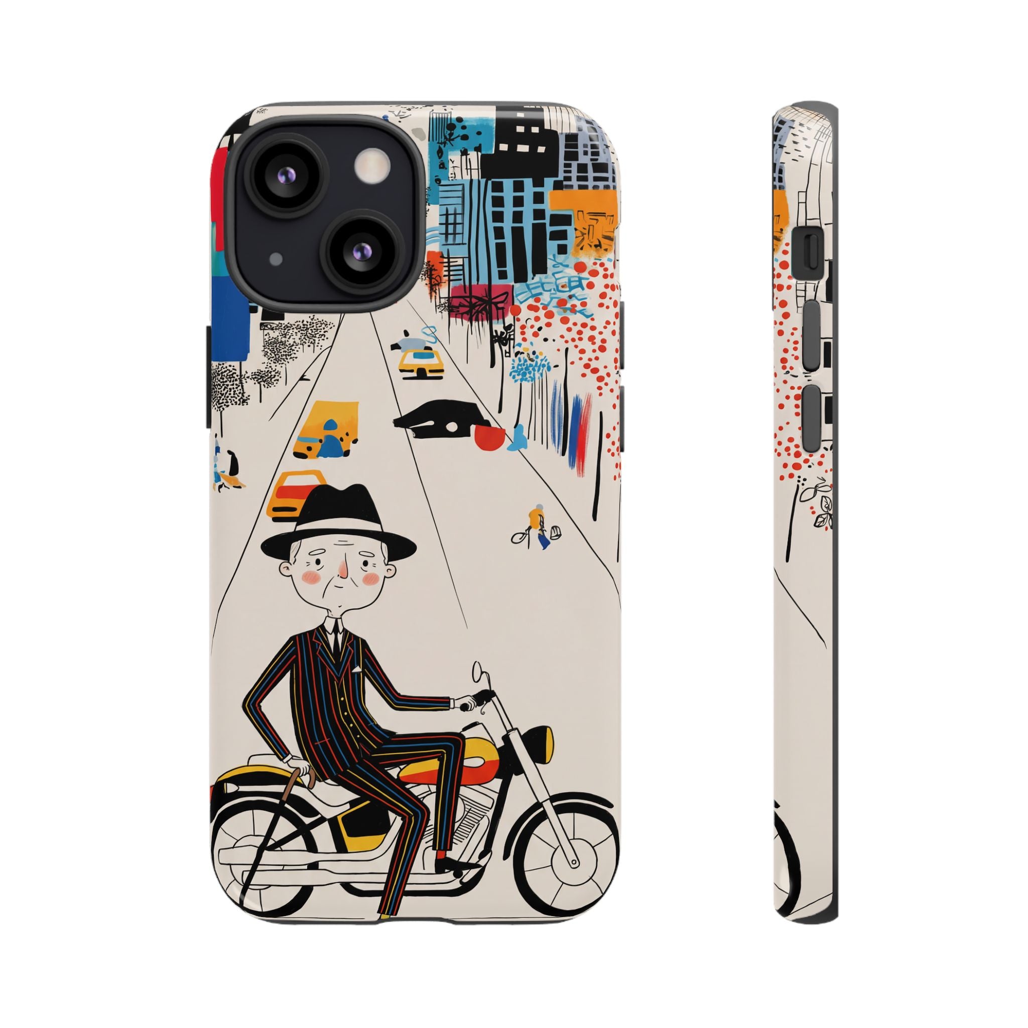 Vintage Grandpa Rider Motorcycle iPhone Case | Illustrated Cityscape