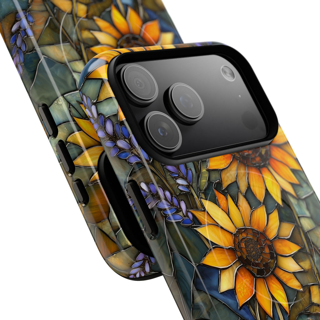 Custodia MagSafe resistente per iPhone con motivo a girasole in vetro colorato