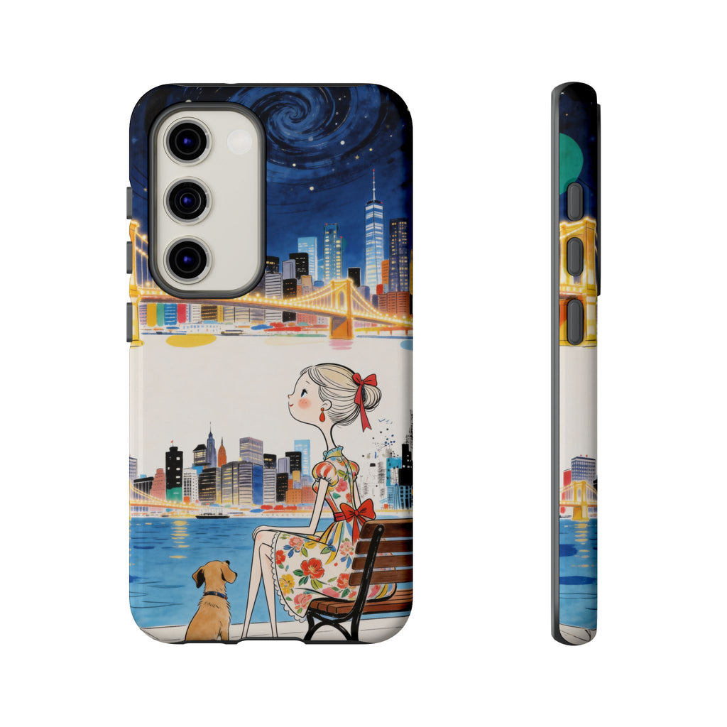 Cover per Samsung Galaxy "City Night" | Illustrazione Ragazza e Cane su Panchina