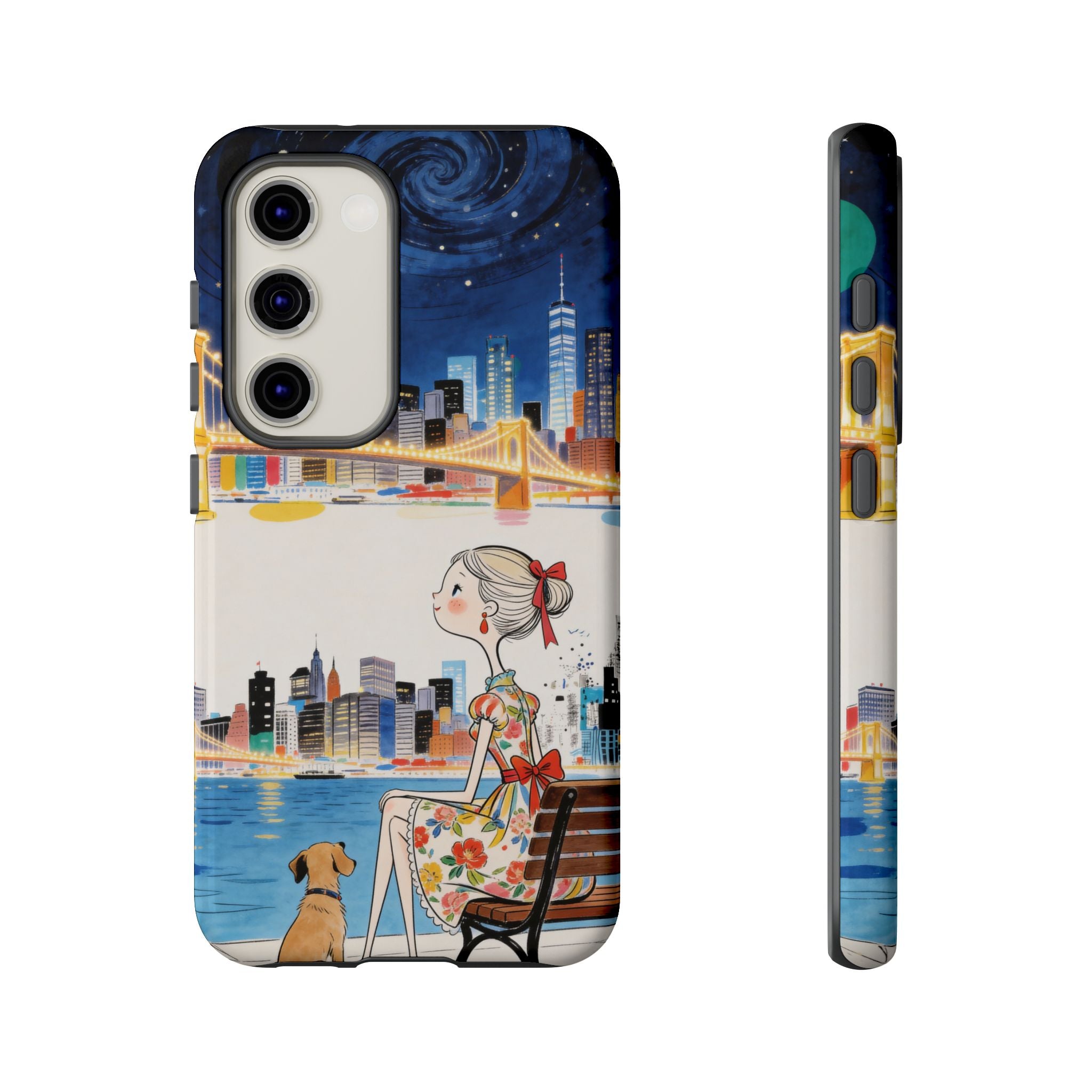City Night Samsung Galaxy Phone Case | Cute Girl & Dog Bench Illustration