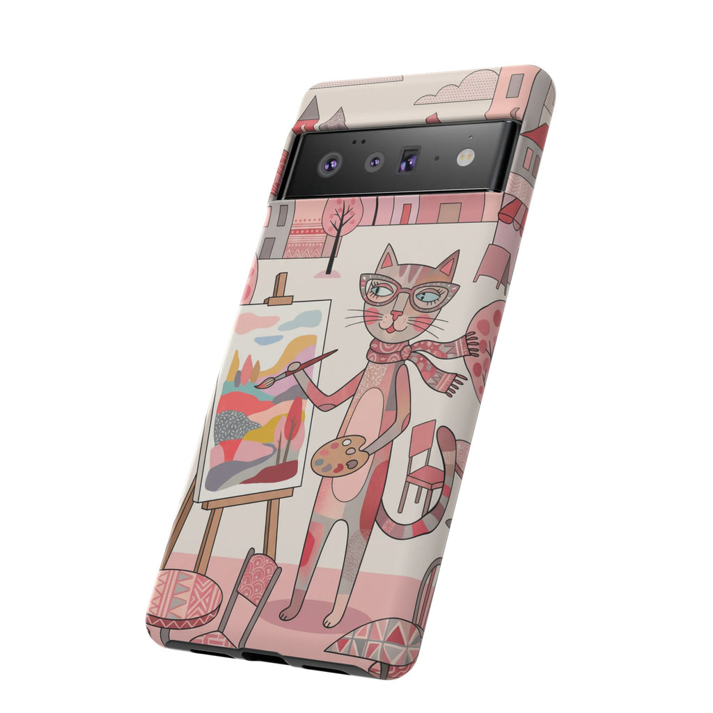 Artistic Cat Google Pixel Phone Case | Painter Kitty Illustration Tough Case