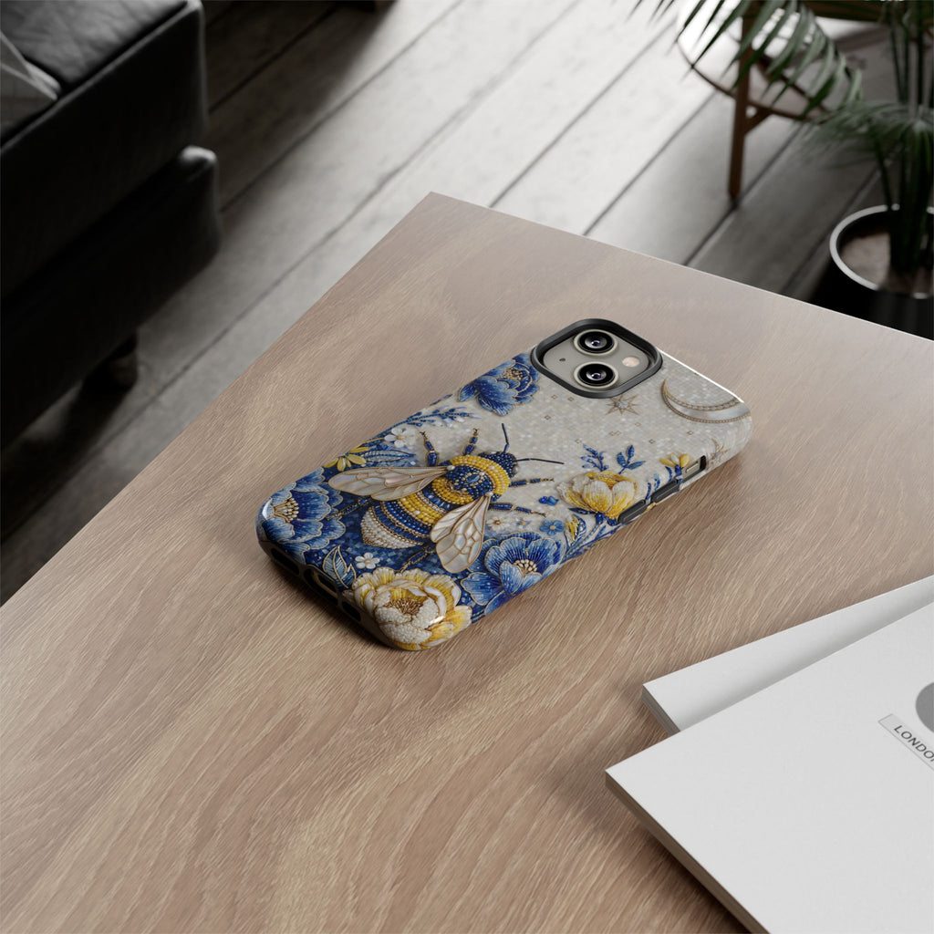 Floral Bee Tough iPhone Case | Blue & Yellow Moon Garden Design