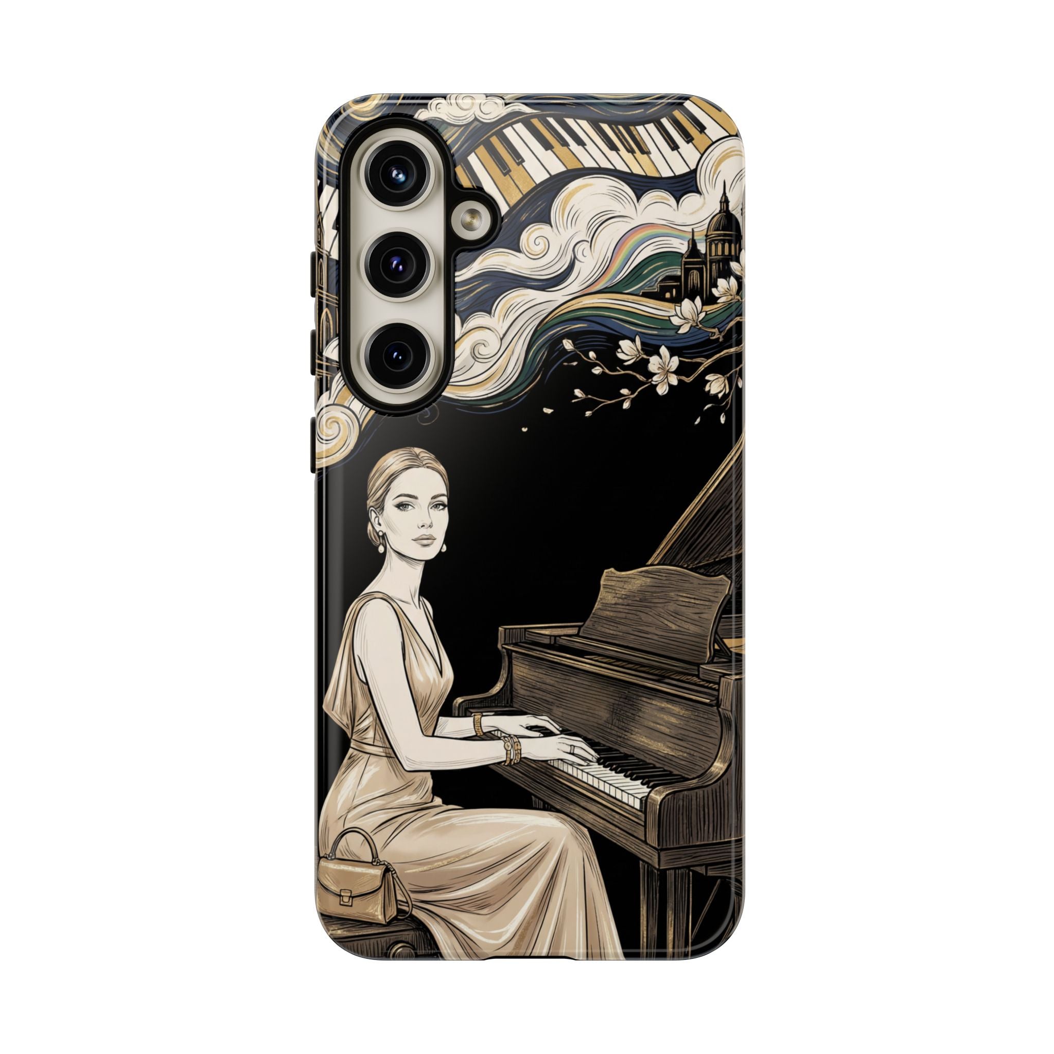 Elegant Piano Woman Samsung Galaxy Phone Case | Vintage Art Deco Music Design