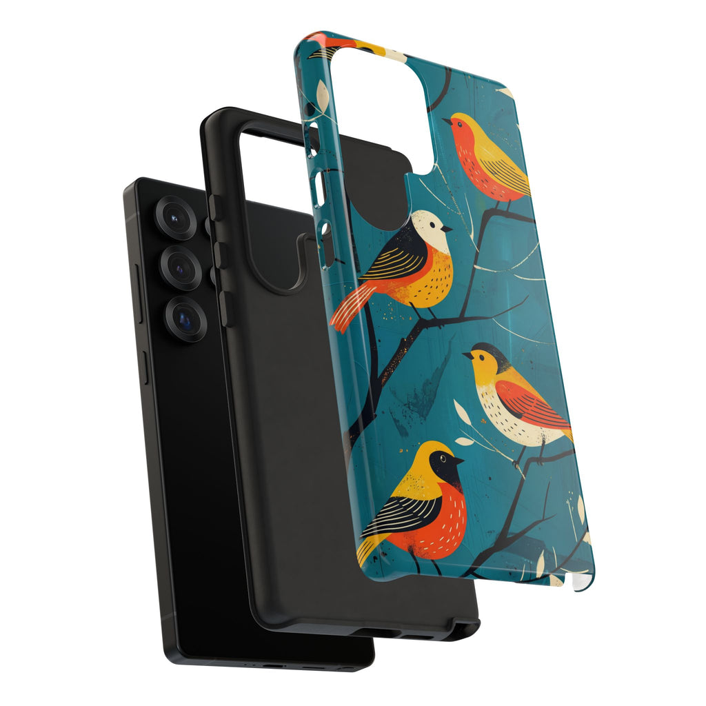 Bird Pattern Tough Samsung Galaxy Phone Case | Colourful Songbirds on Teal Background