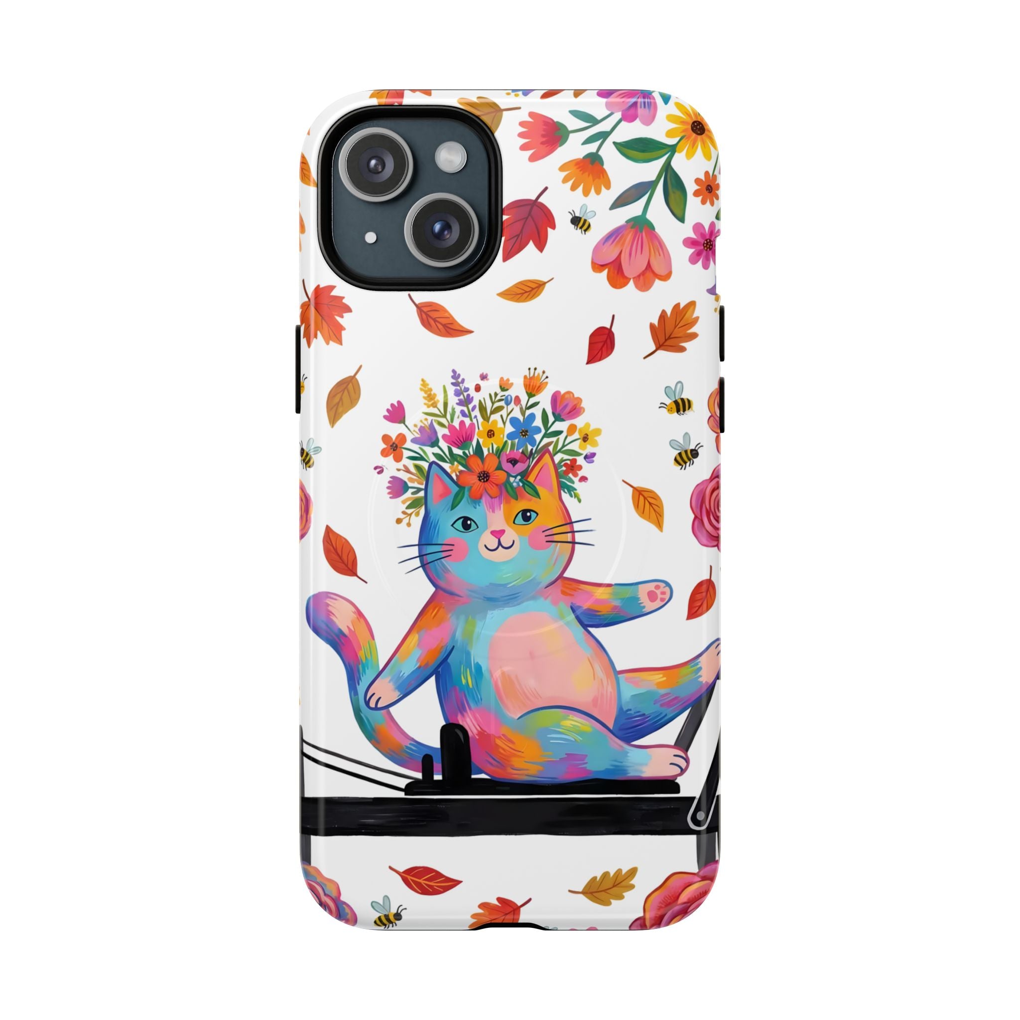 Colorful Floral Cat on Pilates Reformer Protective MagSafe iPhone Case