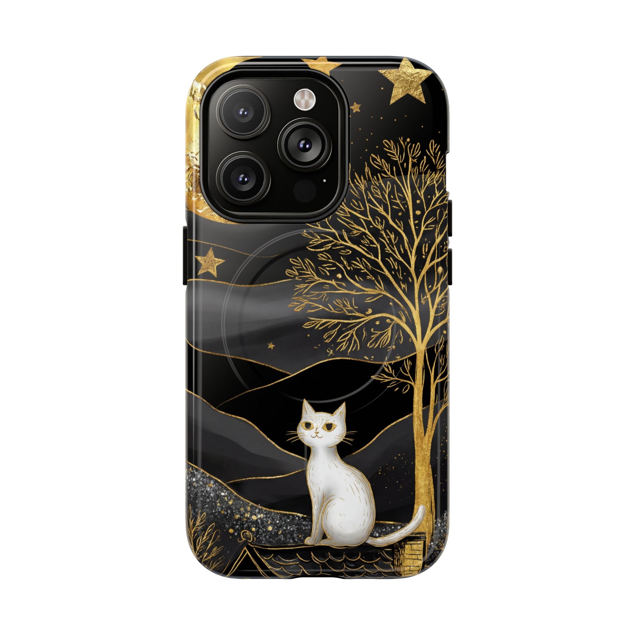 Custodia per iPhone Moonlit Cat | Custodia resistente MagSafe nera e oro