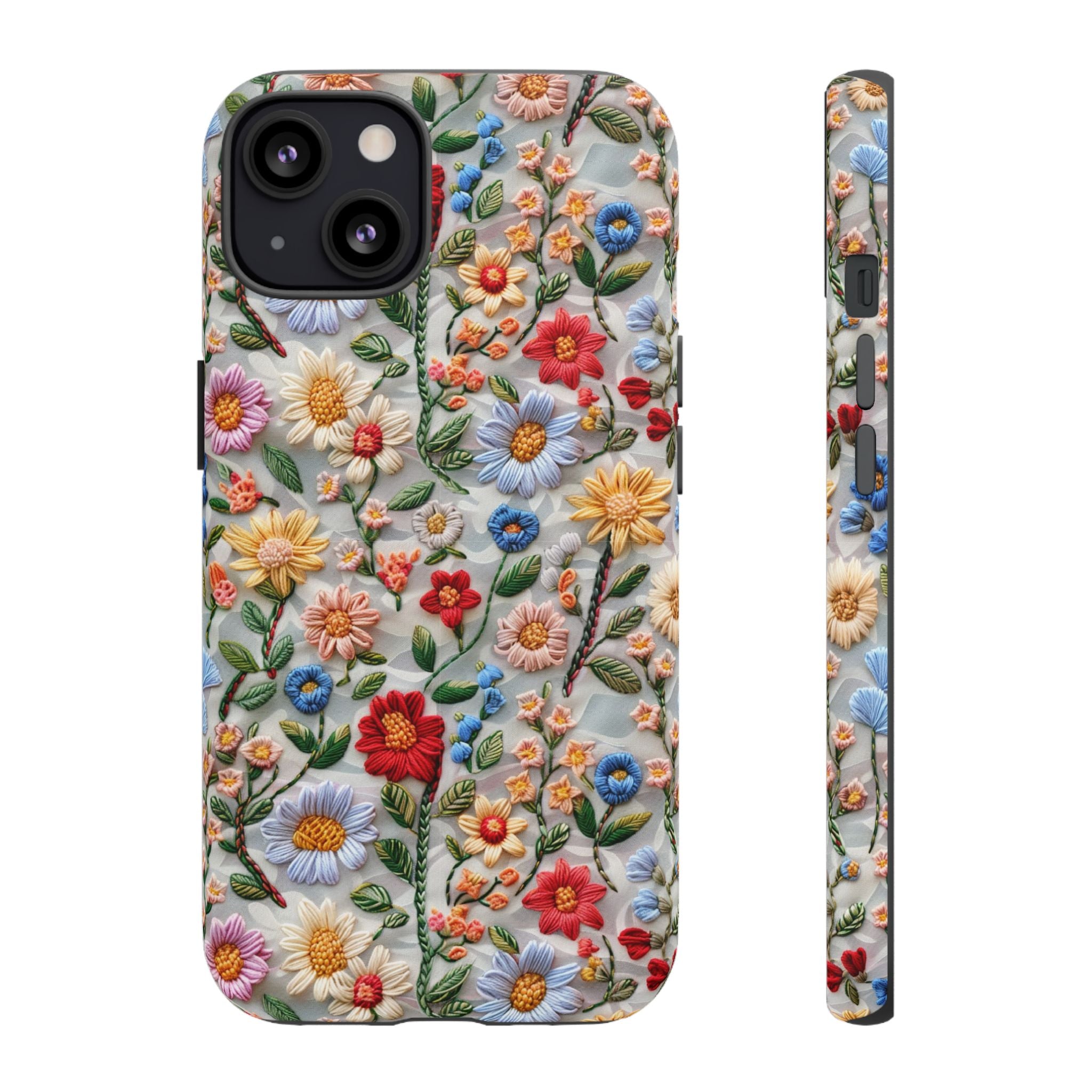 Floral Embroidered Pattern Tough iPhone Case — Colourful Daisy & Wildflower Design