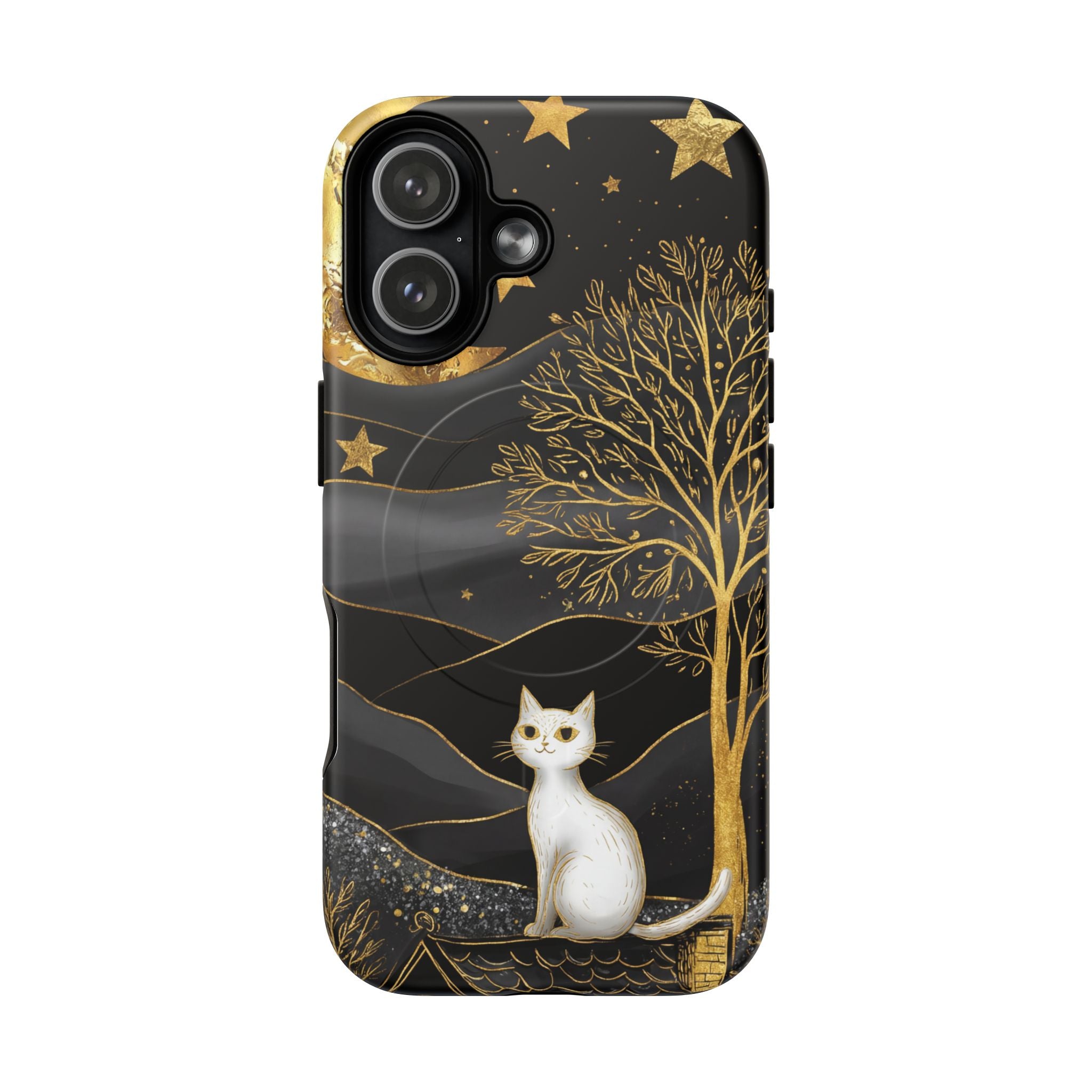 Custodia per iPhone Moonlit Cat | Custodia resistente MagSafe nera e oro