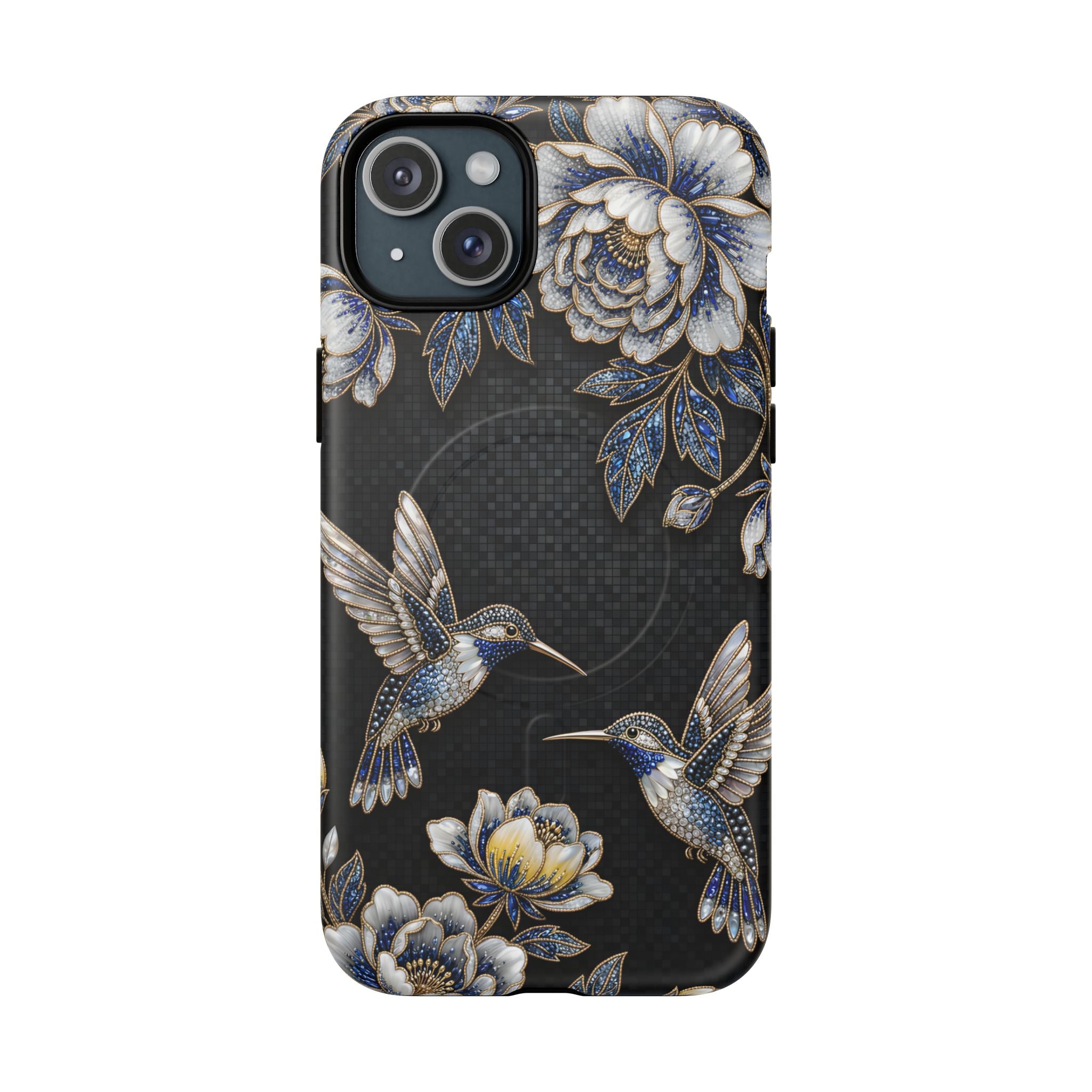 Hummingbird & Peony Floral MagSafe iPhone Case | Elegant Black Protective Cover
