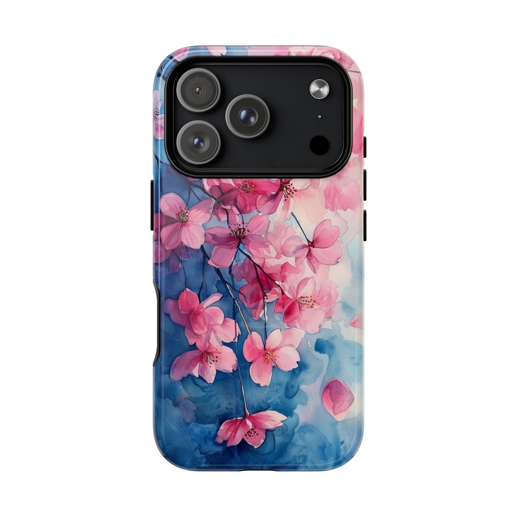 Custodia MagSafe per iPhone con motivo floreale di ciliegio in fiore | Acquerello rosa e blu