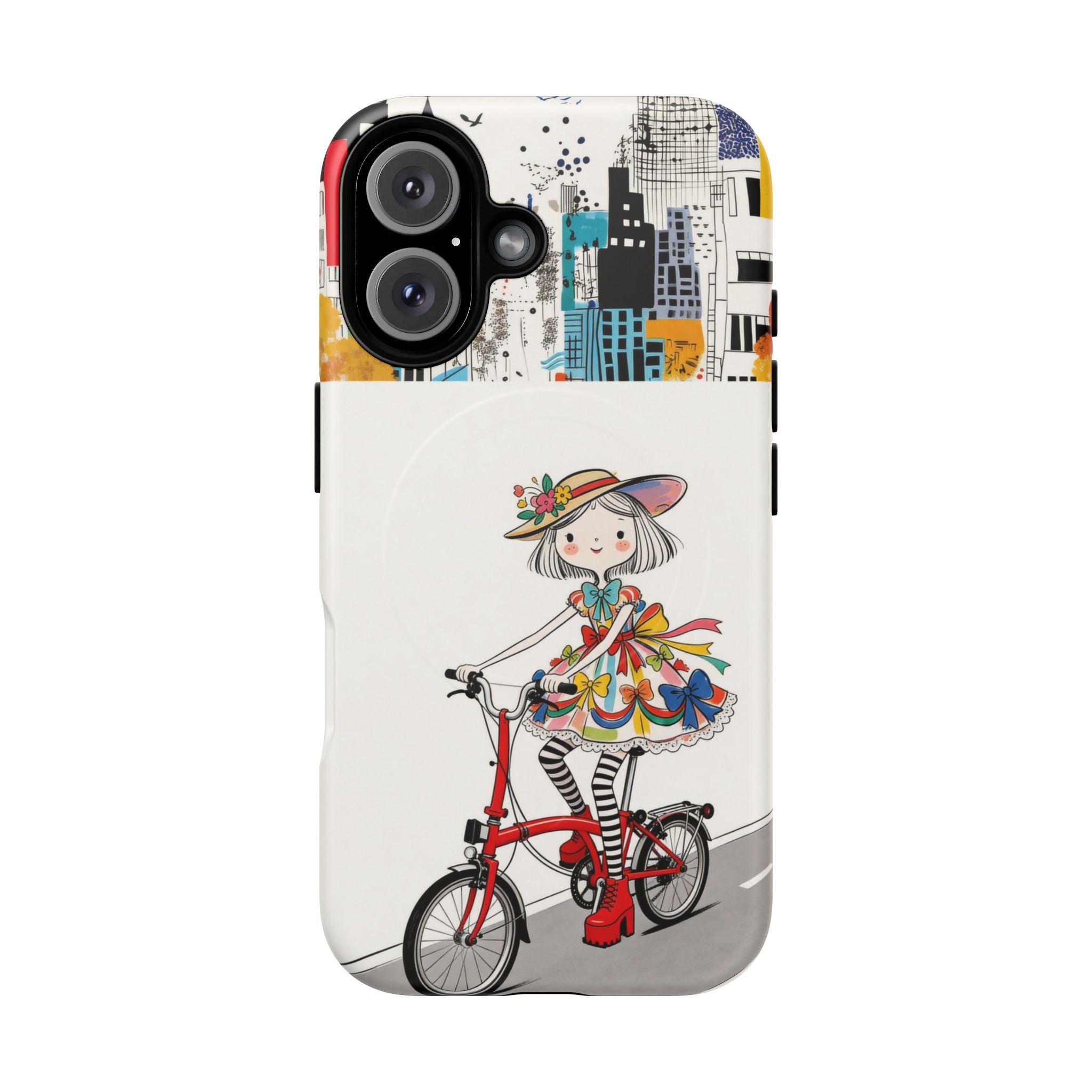 Whimsical Girl on Brompton Bicycle Urban Illustration MagSafe iPhone Case