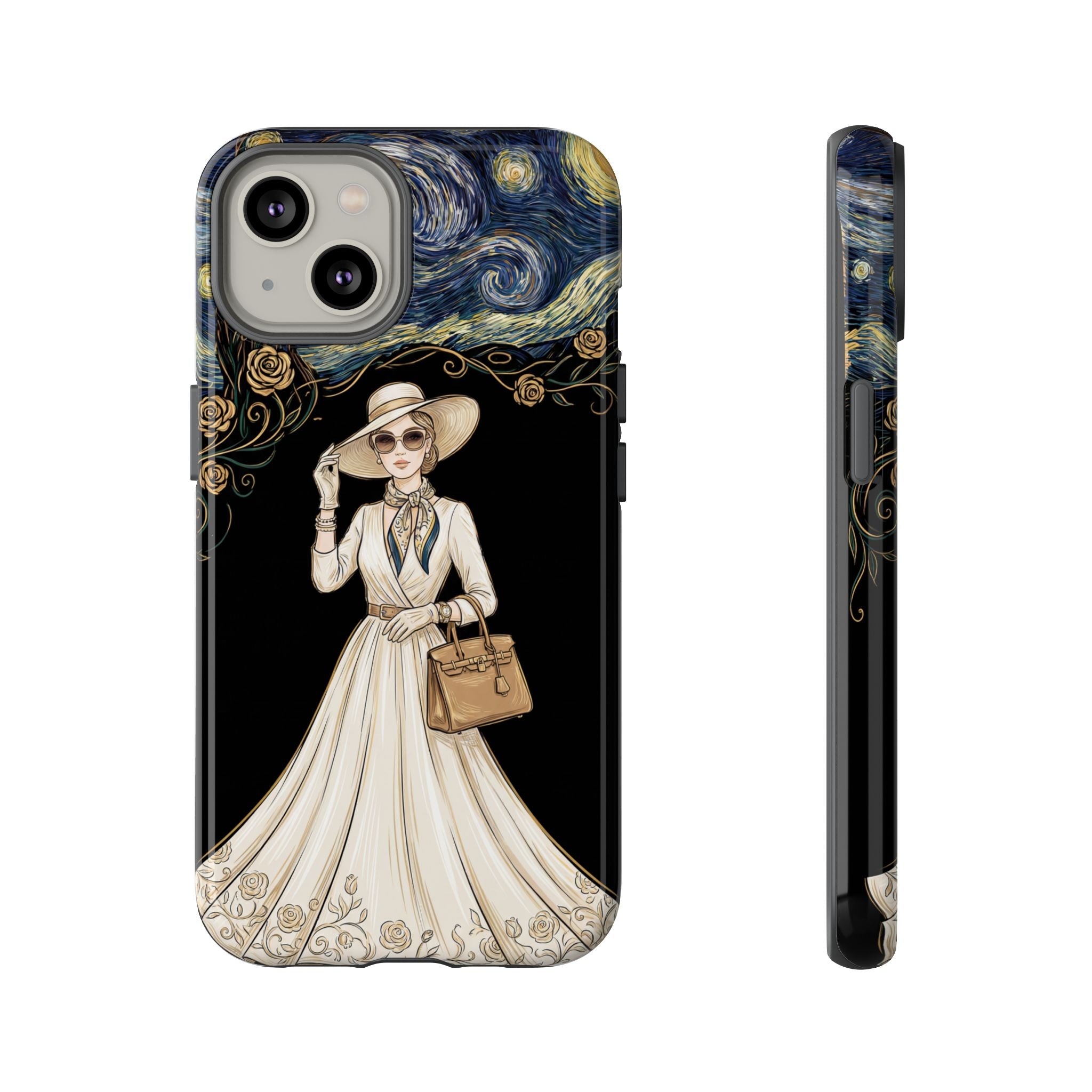 Vintage Starry Night Fashion iPhone Case | Elegant Lady in White Dress