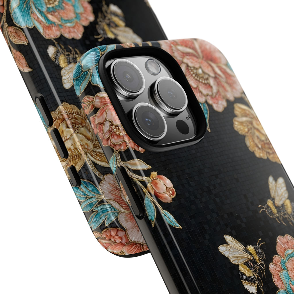 Custodia Resistente per iPhone "Api Floreali" | Cover Protettiva Vintage Rose e Bombo