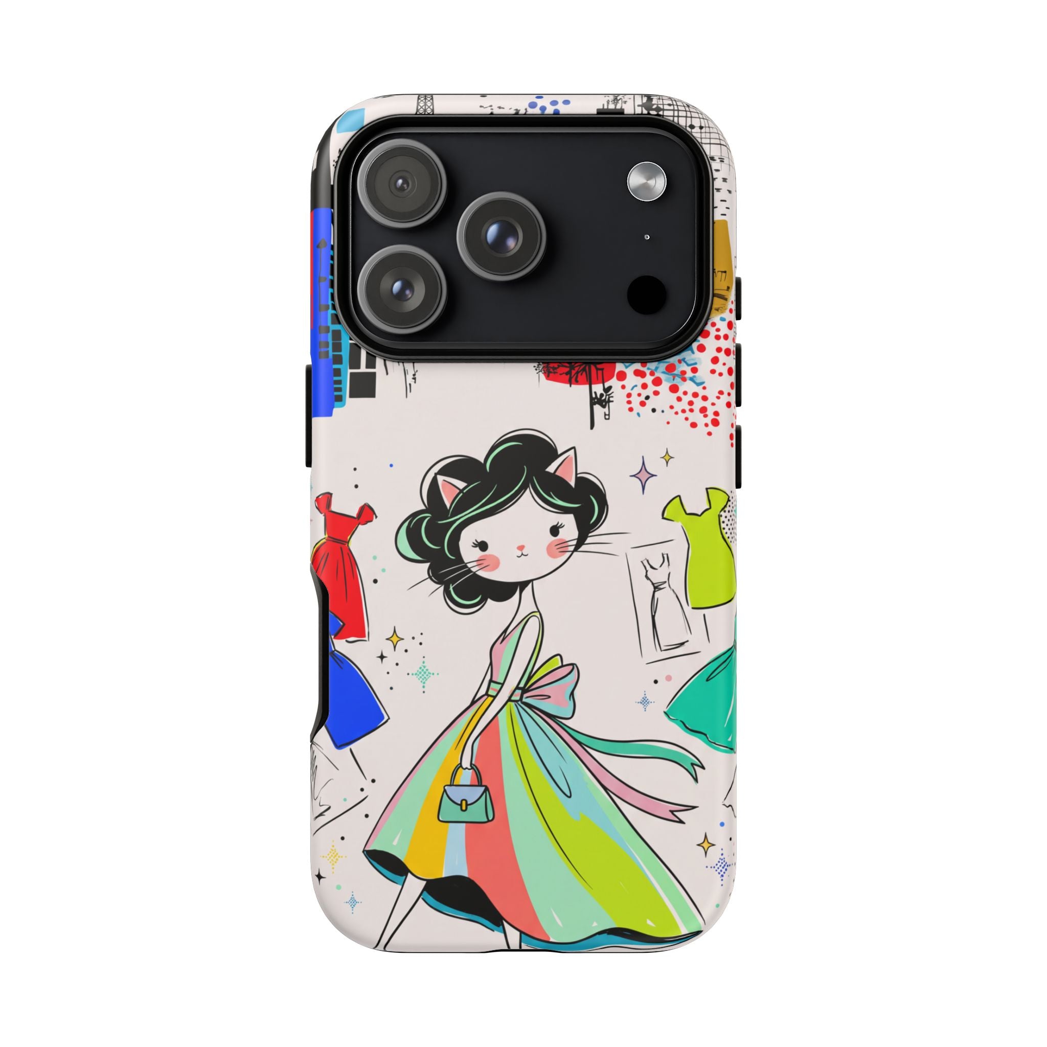 Retro Fashion Cat Girl iPhone Case | Cute Dress & City Print