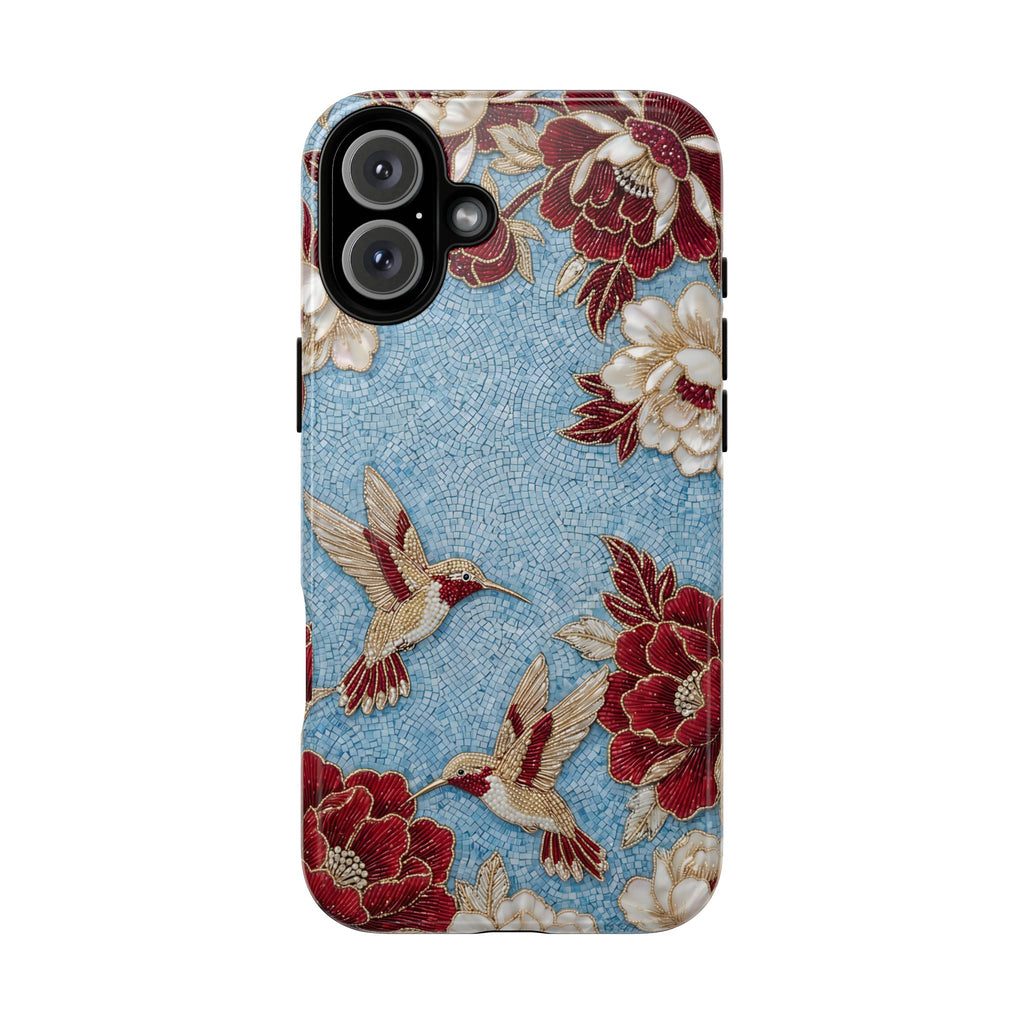 Cover iPhone MagSafe "Colibrì Floreale" Robusta | Design Botanico Vintage Blu e Borgogna
