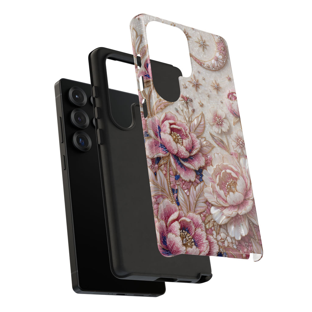 Custodia Rigida per Telefono Samsung Galaxy Floral Moon | Cover Protettiva con Peonia Rosa Vintage