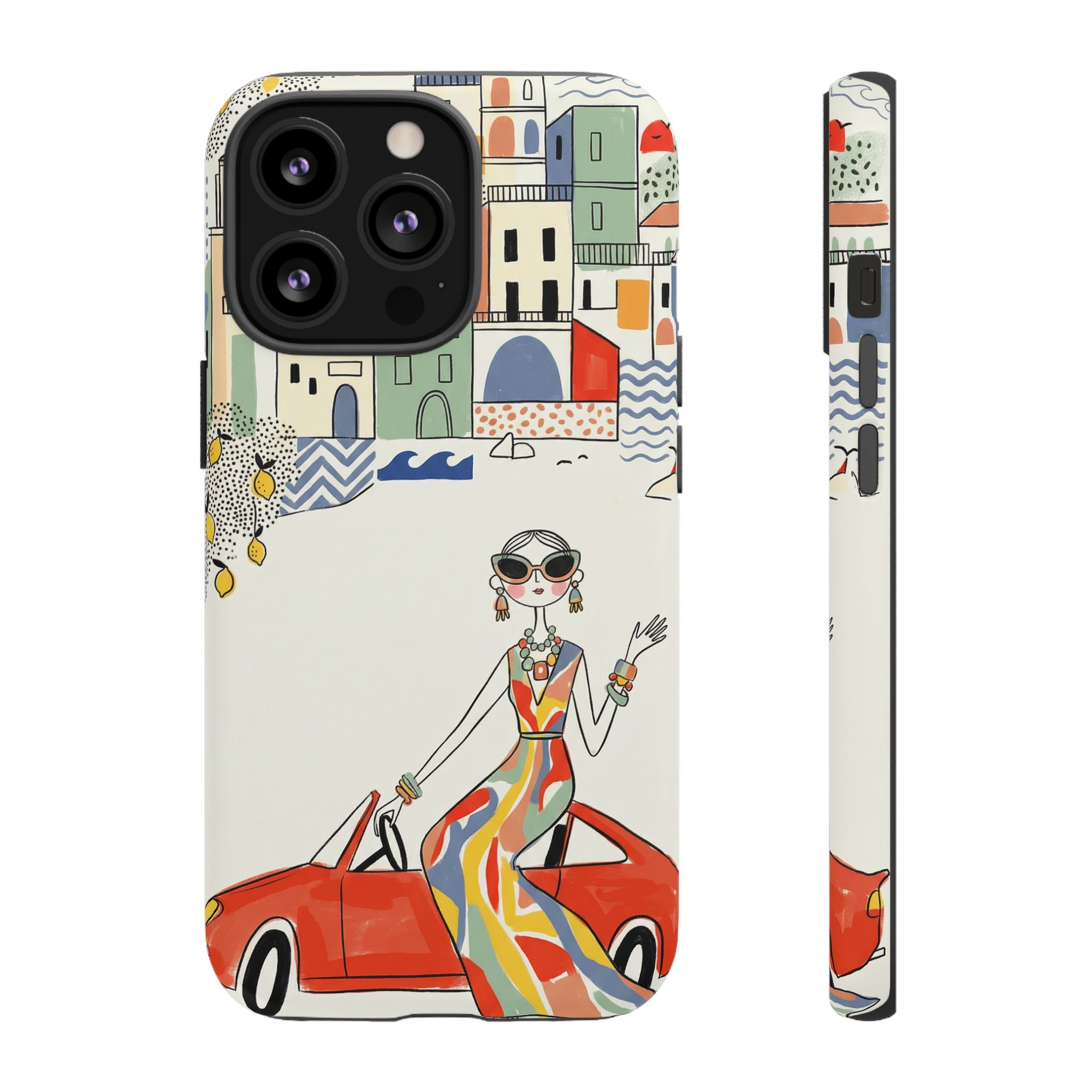 Stylish Riviera iPhone Case | Chic Retro Woman in Convertible Design