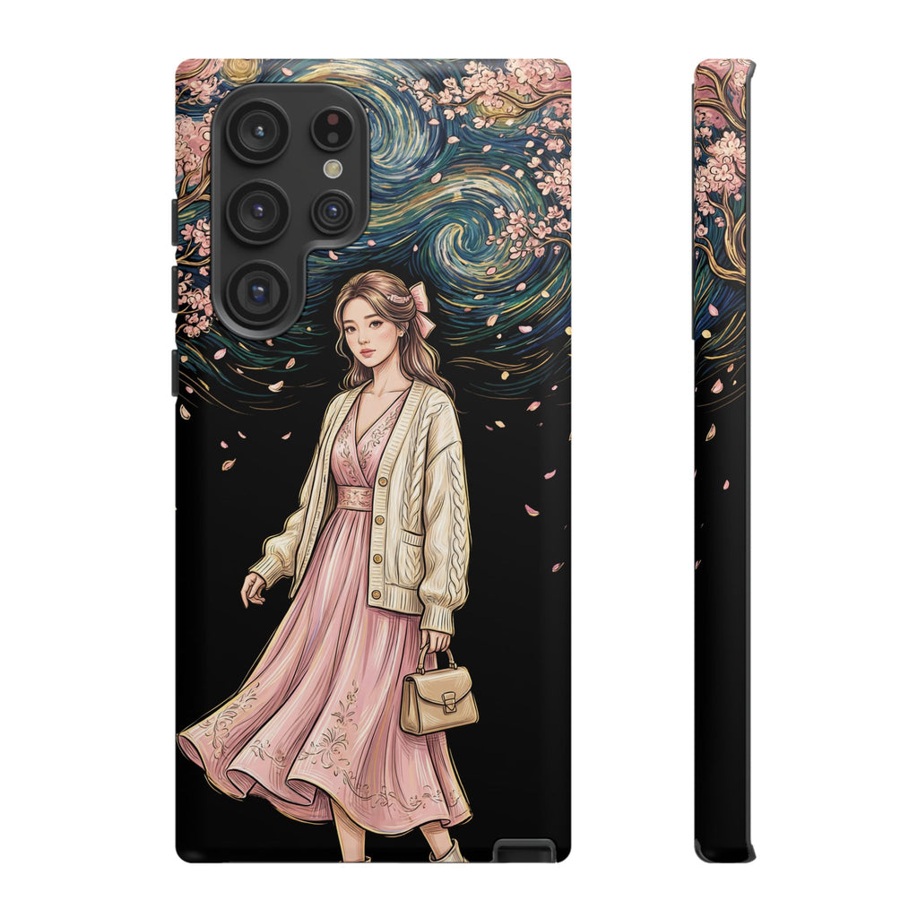 Floral Starry Night Samsung Galaxy Phone Case | Elegant Girl in Pink Dress