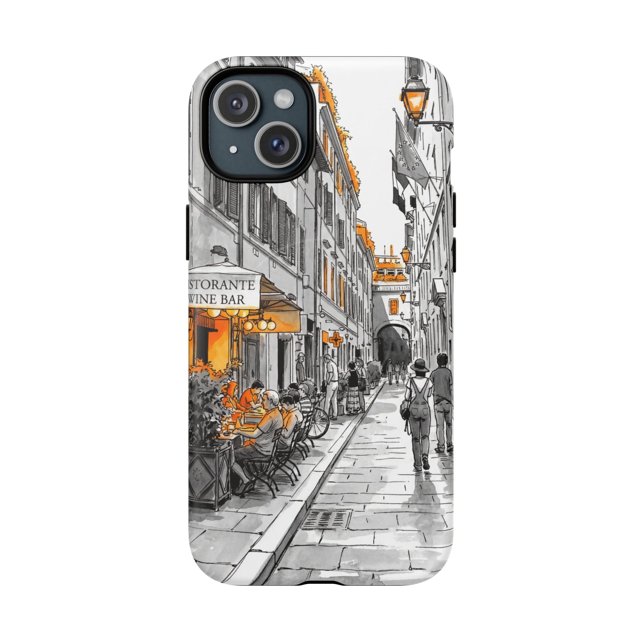 Custodia per iPhone con scena di strada in Italia | Custodia MagSafe resistente con dettagli arancioni