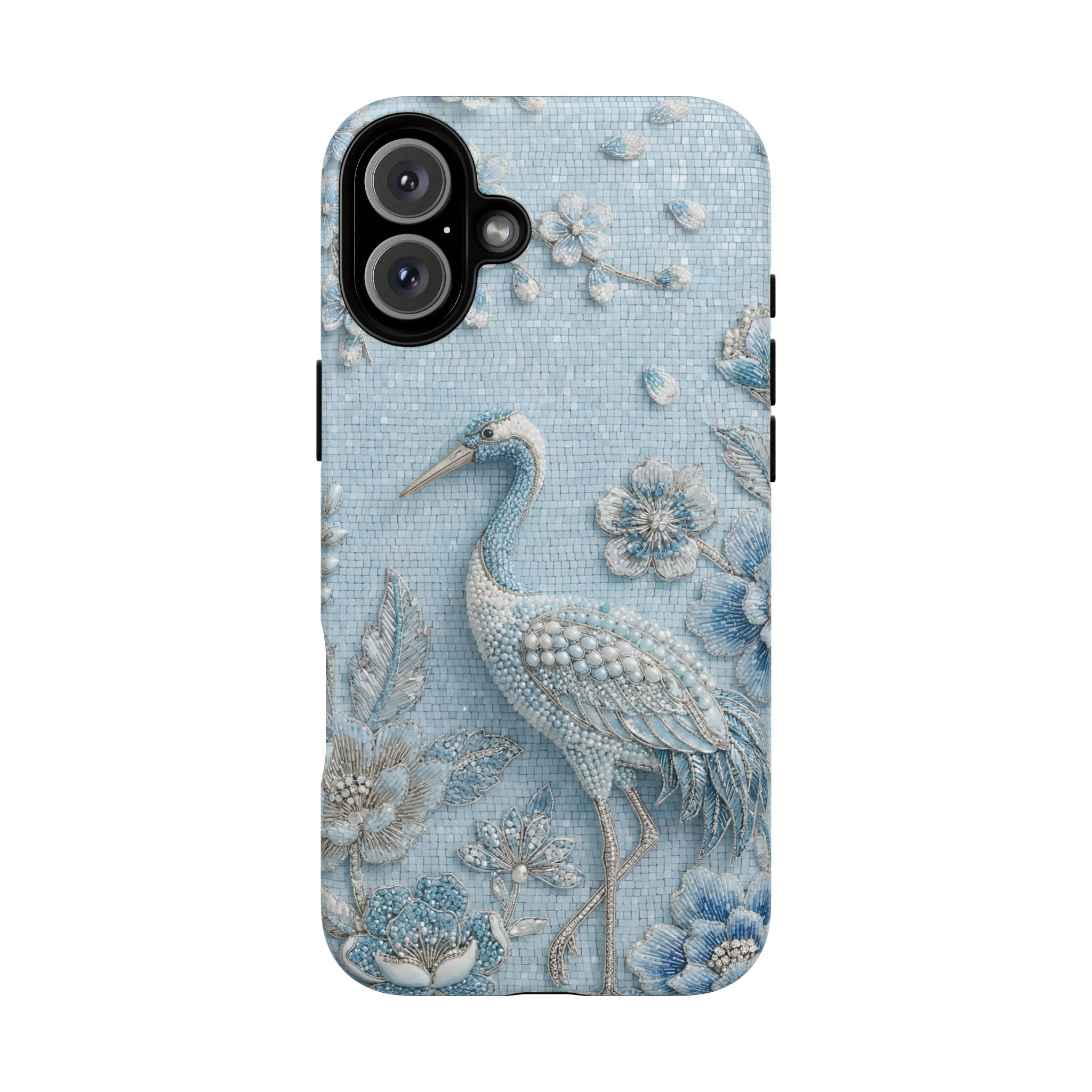 Blue Crane Floral MagSafe iPhone Case | Vintage Embossed Bird Design