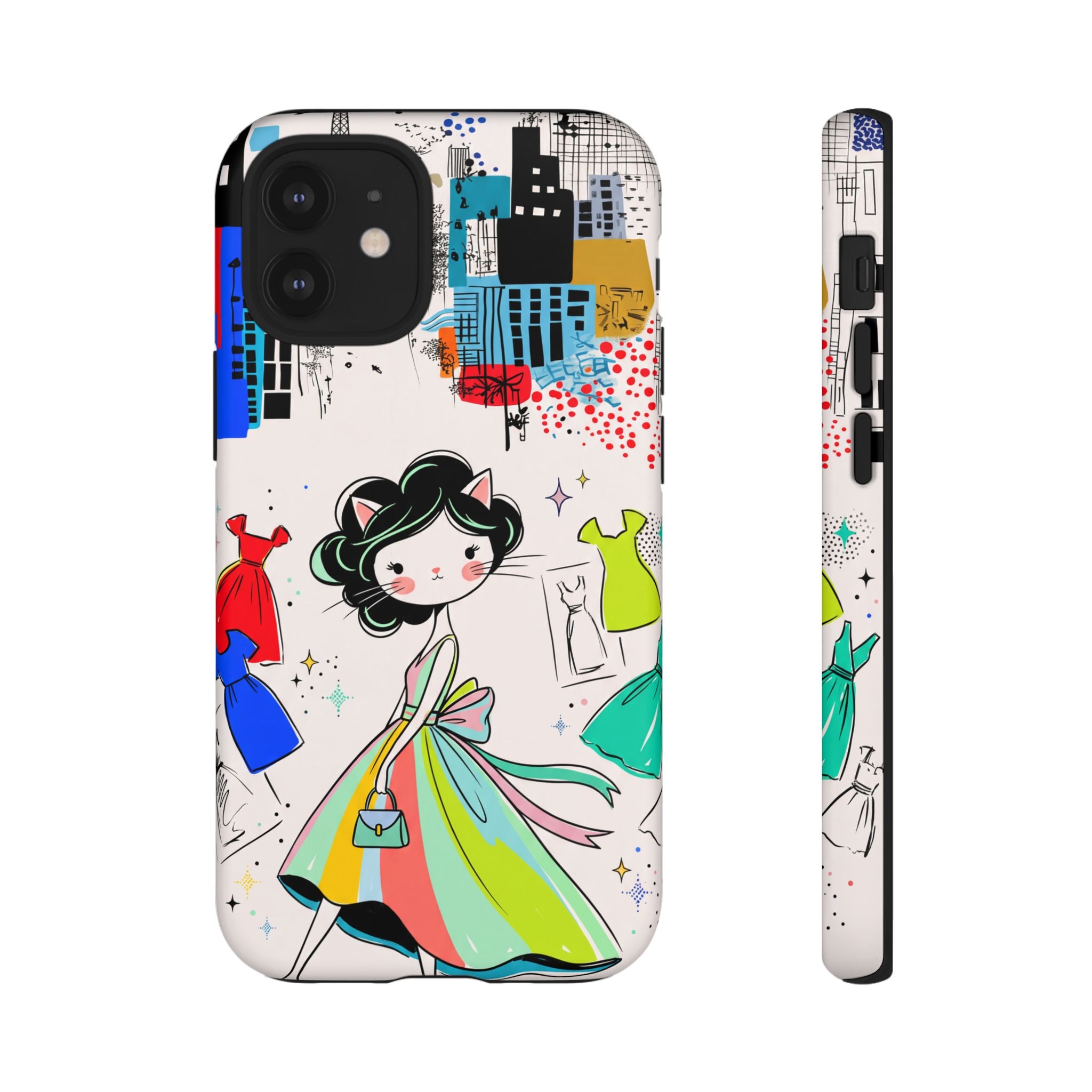 Retro Fashion Cat Girl iPhone Case | Cute Dress & City Print