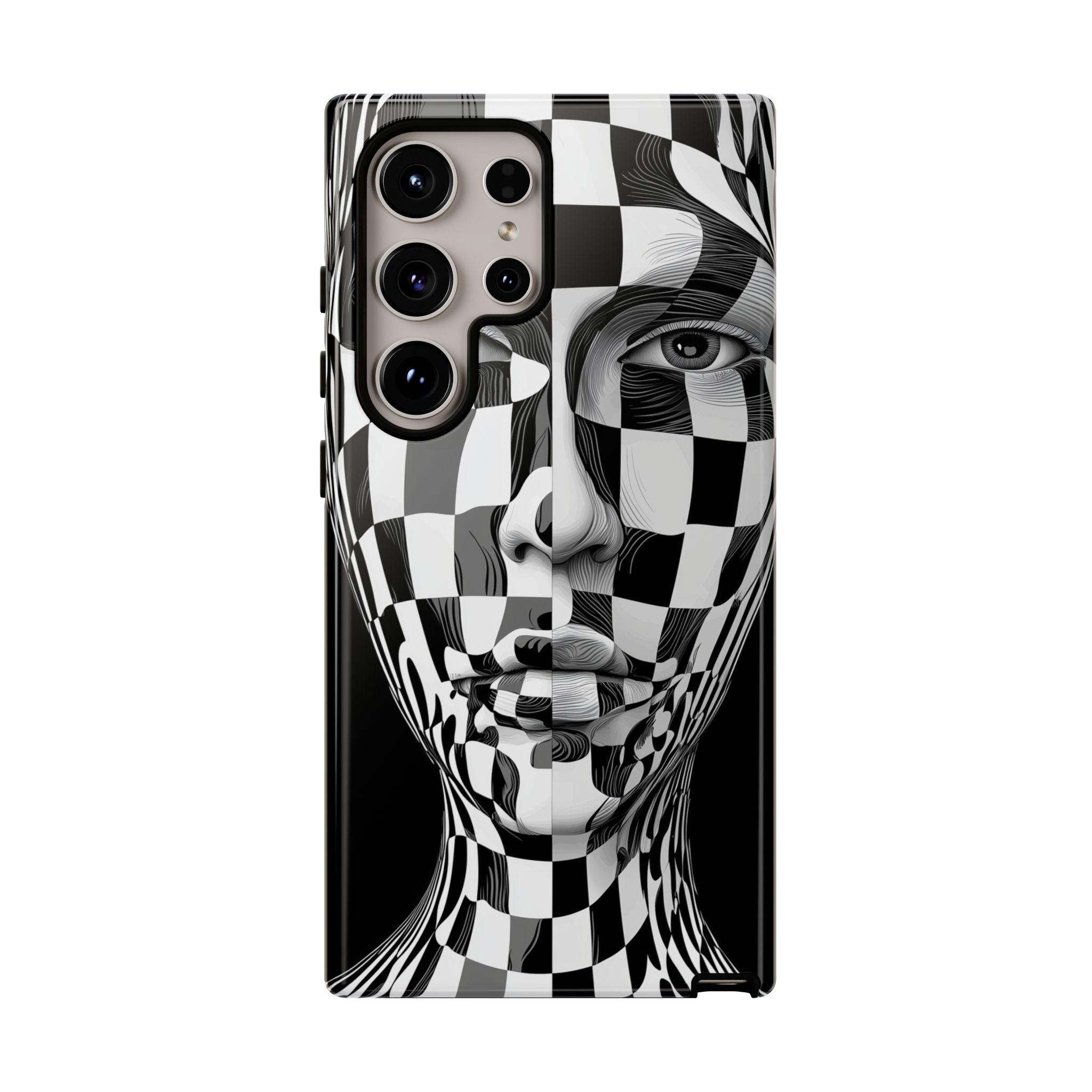 Checkerboard Face Tough Samsung Galaxy Case — Black & White Surreal Art Protective Cover