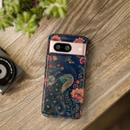 Peacock Floral Tough Google Pixel Phone Case | Antique Indigo Gold Art Cover