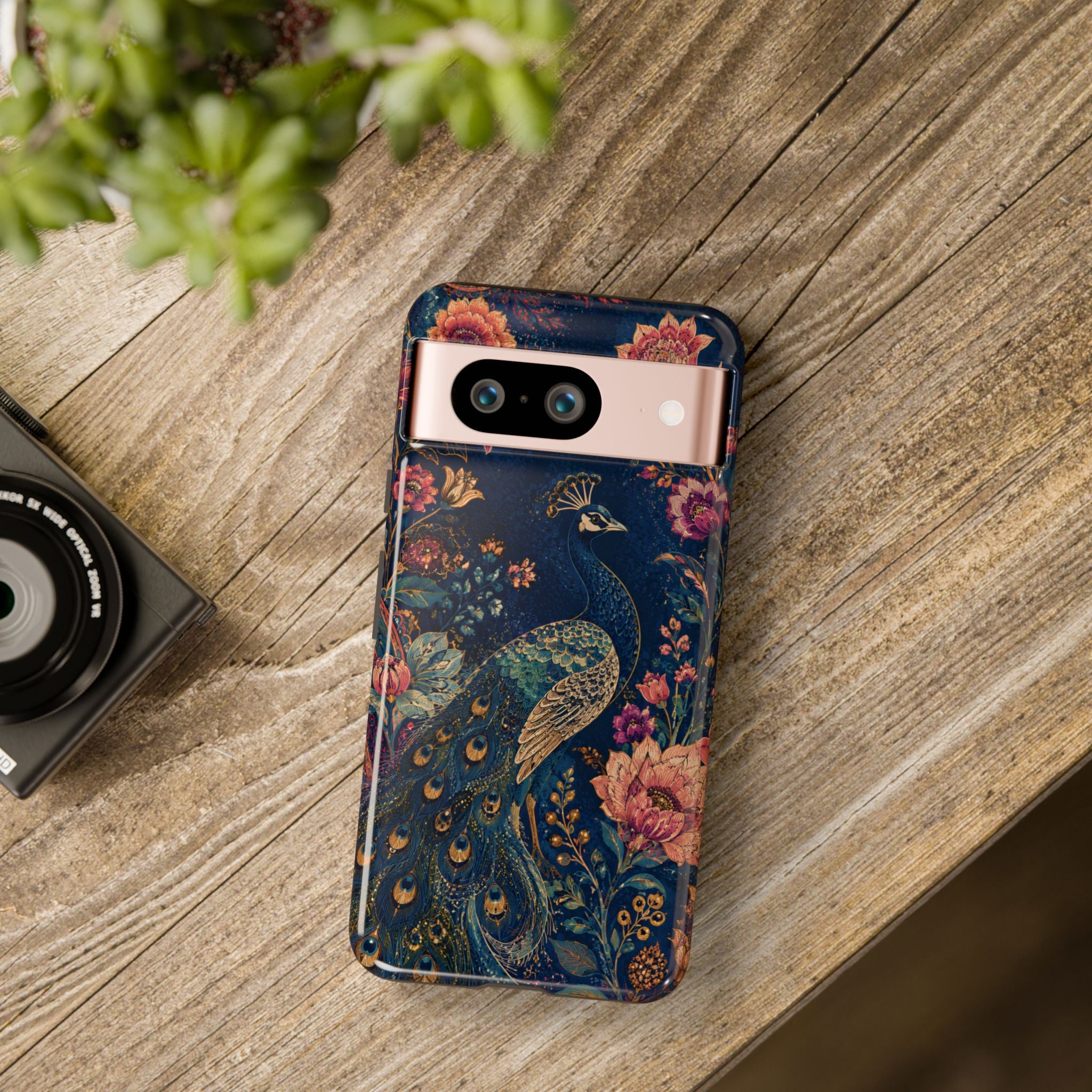 Peacock Floral Tough Google Pixel Phone Case | Antique Indigo Gold Art Cover