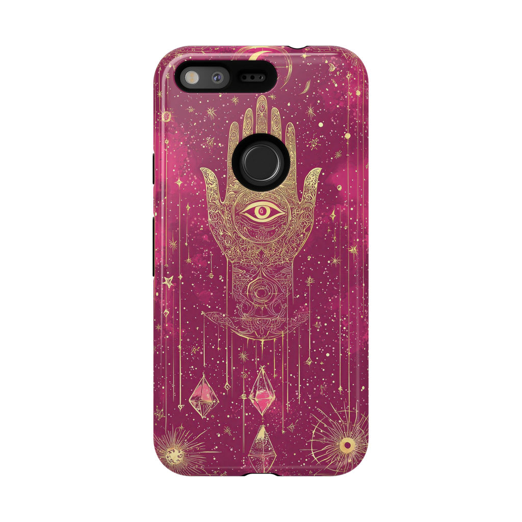 Mystic Hamsa Google Pixel Case | Gold Palm & All-Seeing Eye on Magenta Galaxy