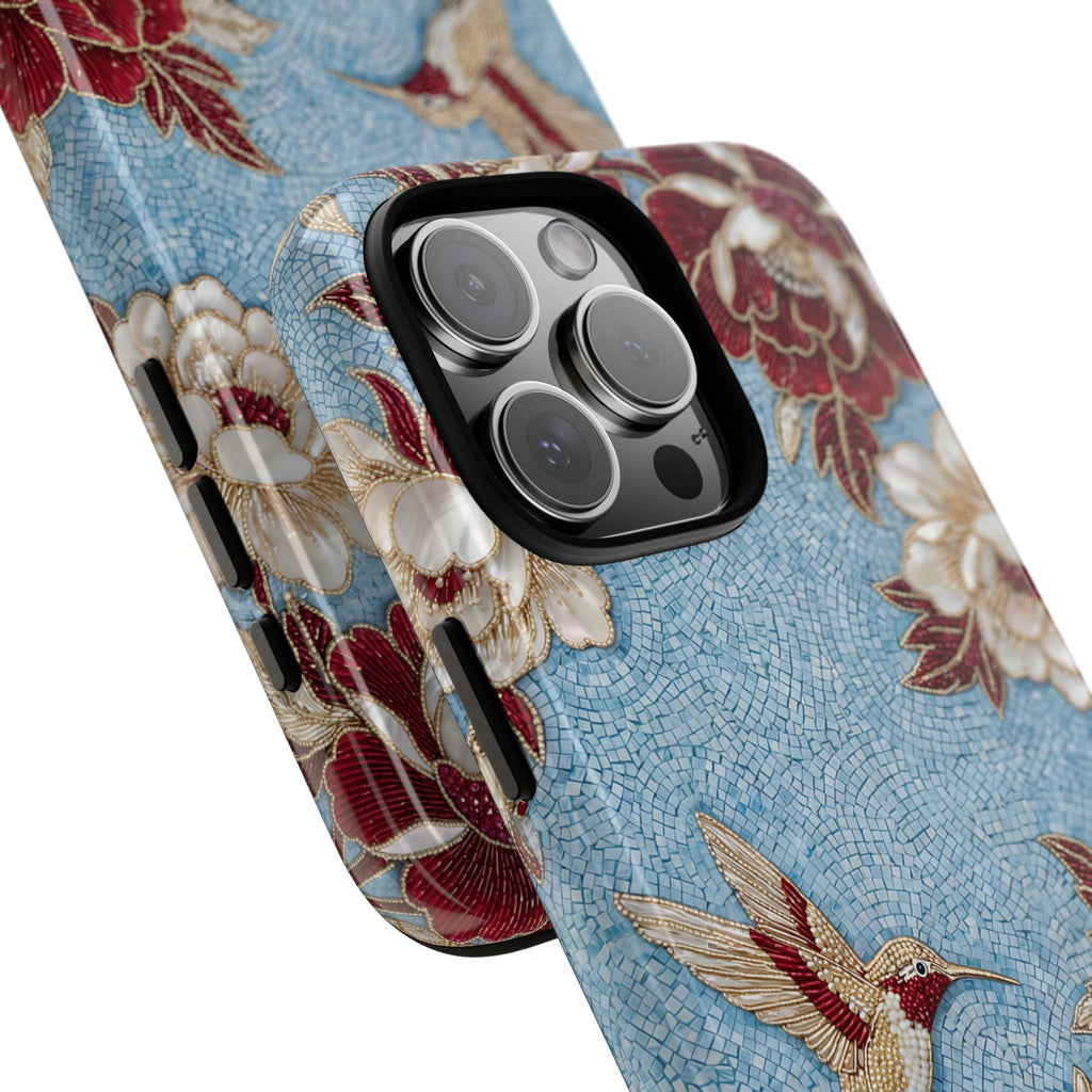 Custodia resistente per iPhone Colibrì floreale | Design botanico vintage blu e bordeaux
