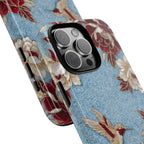 Custodia resistente per iPhone Colibrì floreale | Design botanico vintage blu e bordeaux