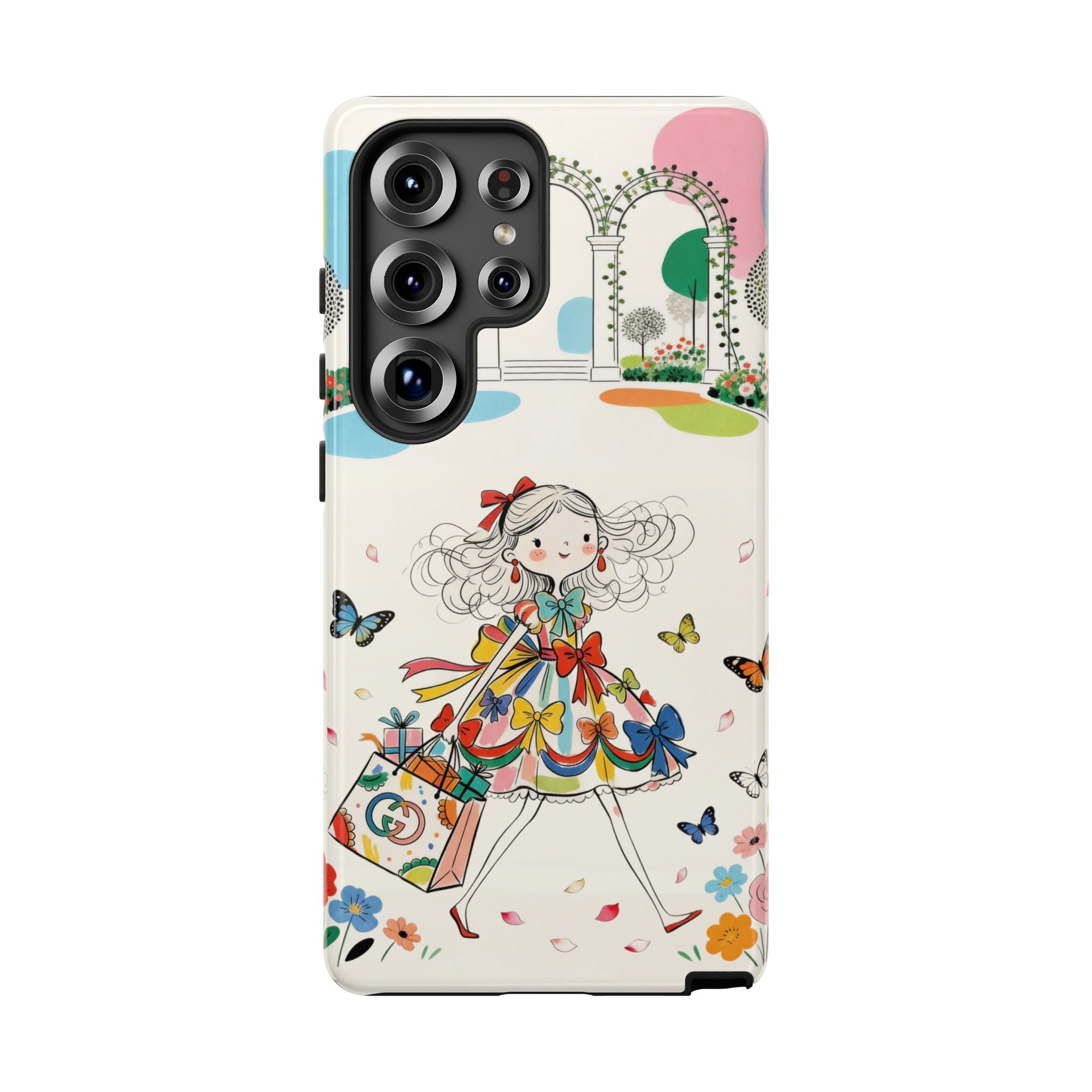 Whimsical Shopping Girl Samsung Galaxy Phone Case | Cute Floral Butterfly Tough Case