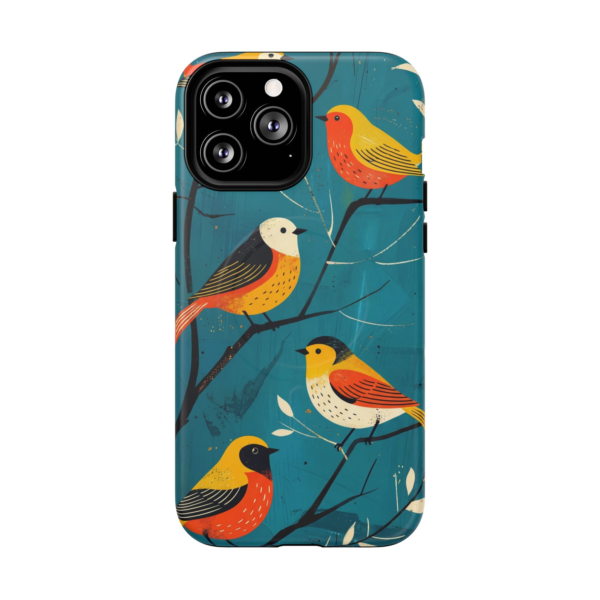 Bird Pattern Tough MagSafe iPhone Case | Colourful Songbirds on Teal Background