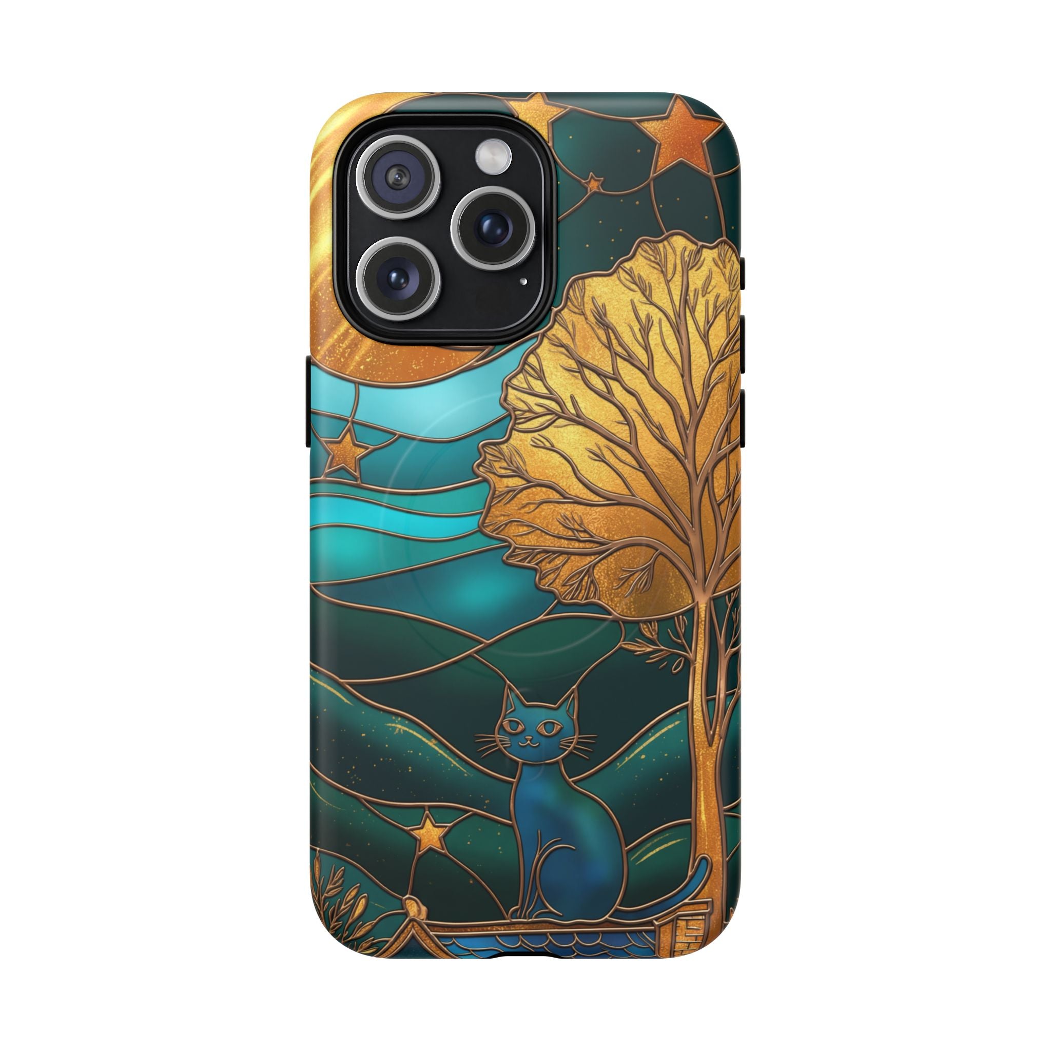 Art Nouveau Cat iPhone Case | Stained Glass Moon & Tree Tough MagSafe Case