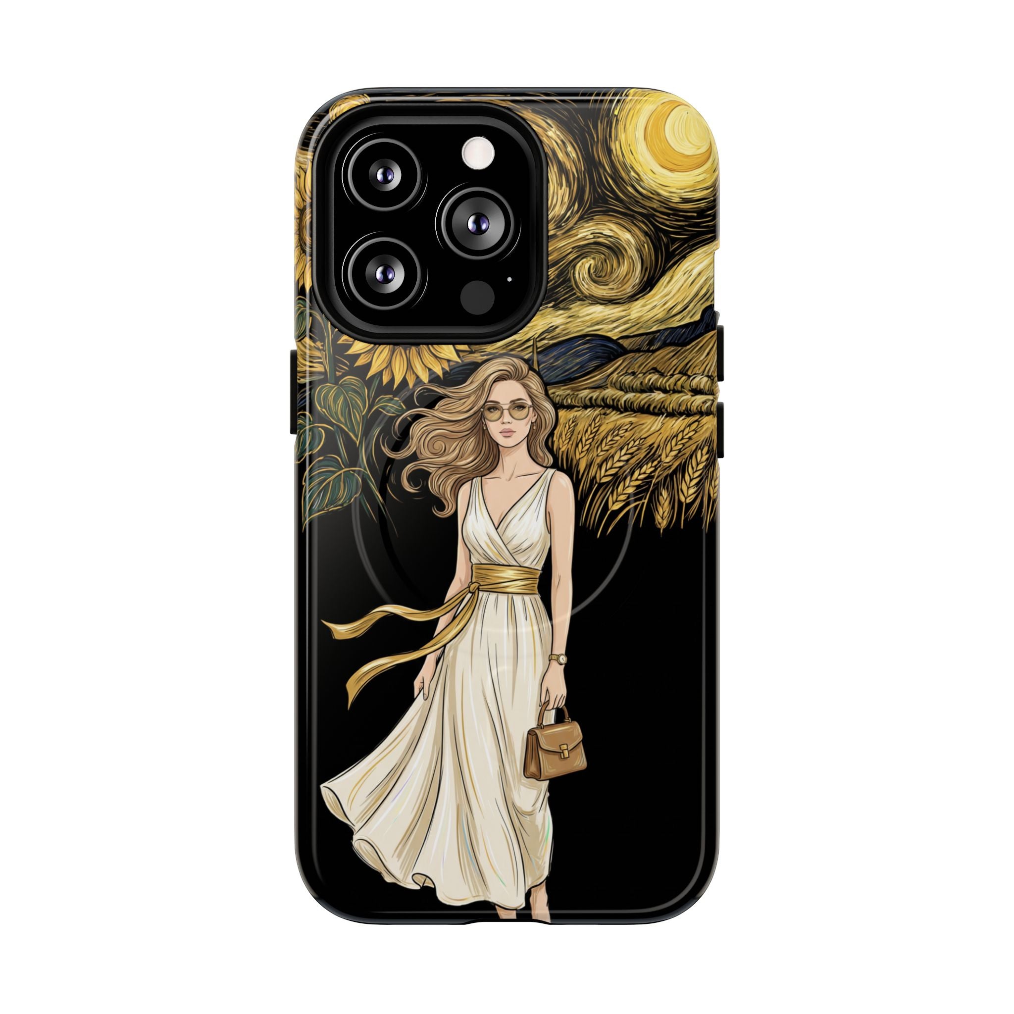 Sunflower Night MagSafe iPhone Case | Woman in Flowing Dress Van Gogh Style
