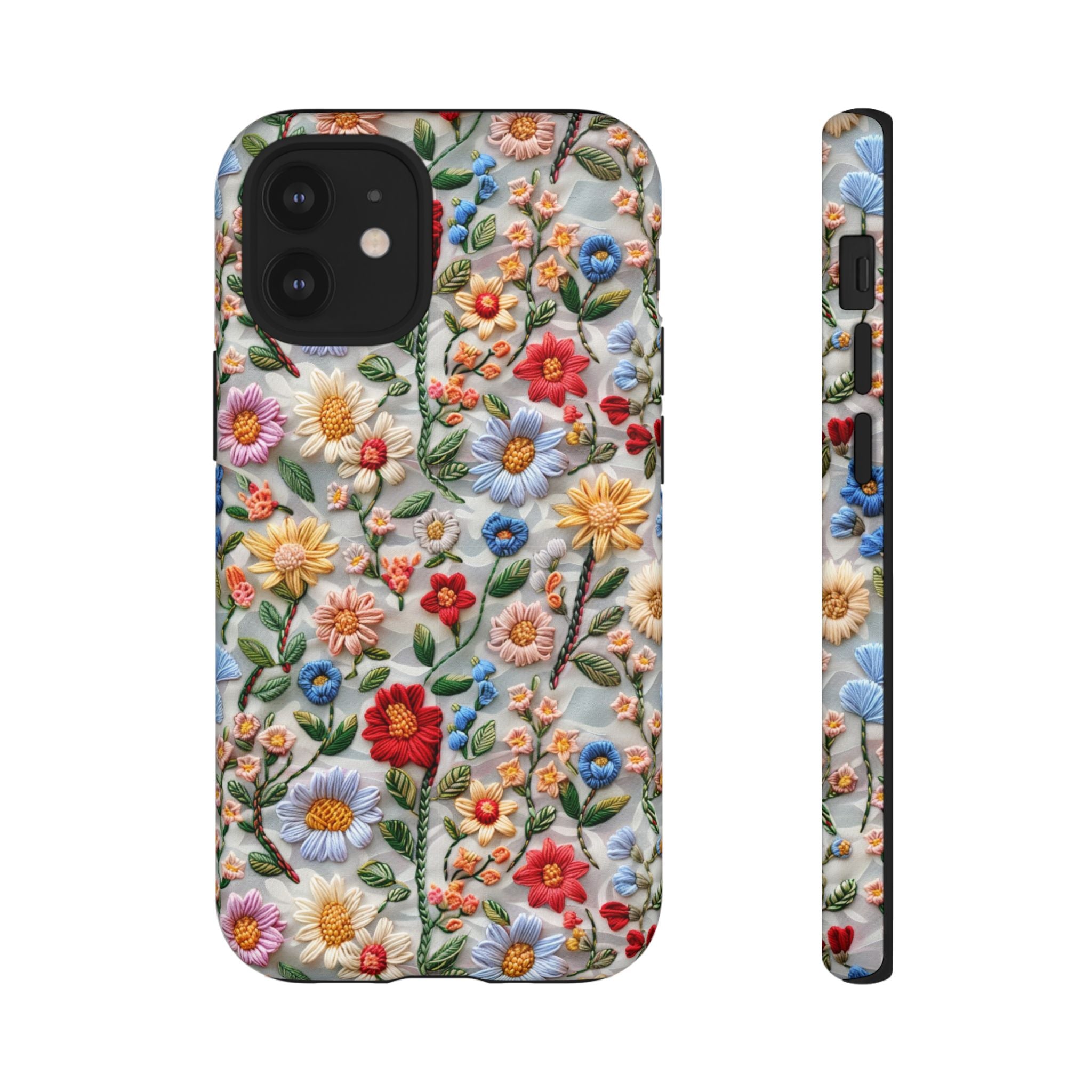 Floral Embroidered Pattern Tough iPhone Case — Colourful Daisy & Wildflower Design