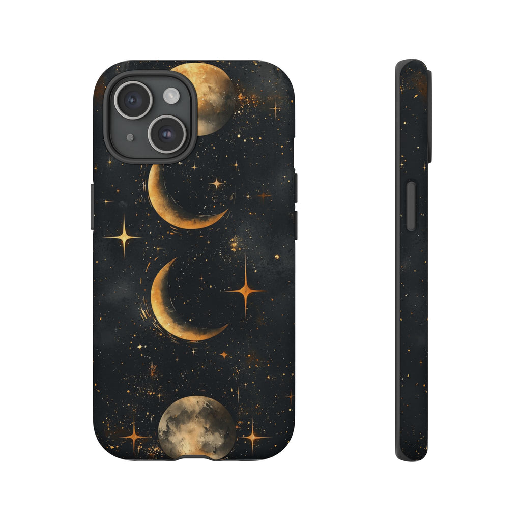 Celestial Moon Phases Tough iPhone Case | Gold Crescent & Full Moon Galaxy Design