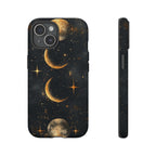 Celestial Moon Phases Tough iPhone Case | Gold Crescent & Full Moon Galaxy Design