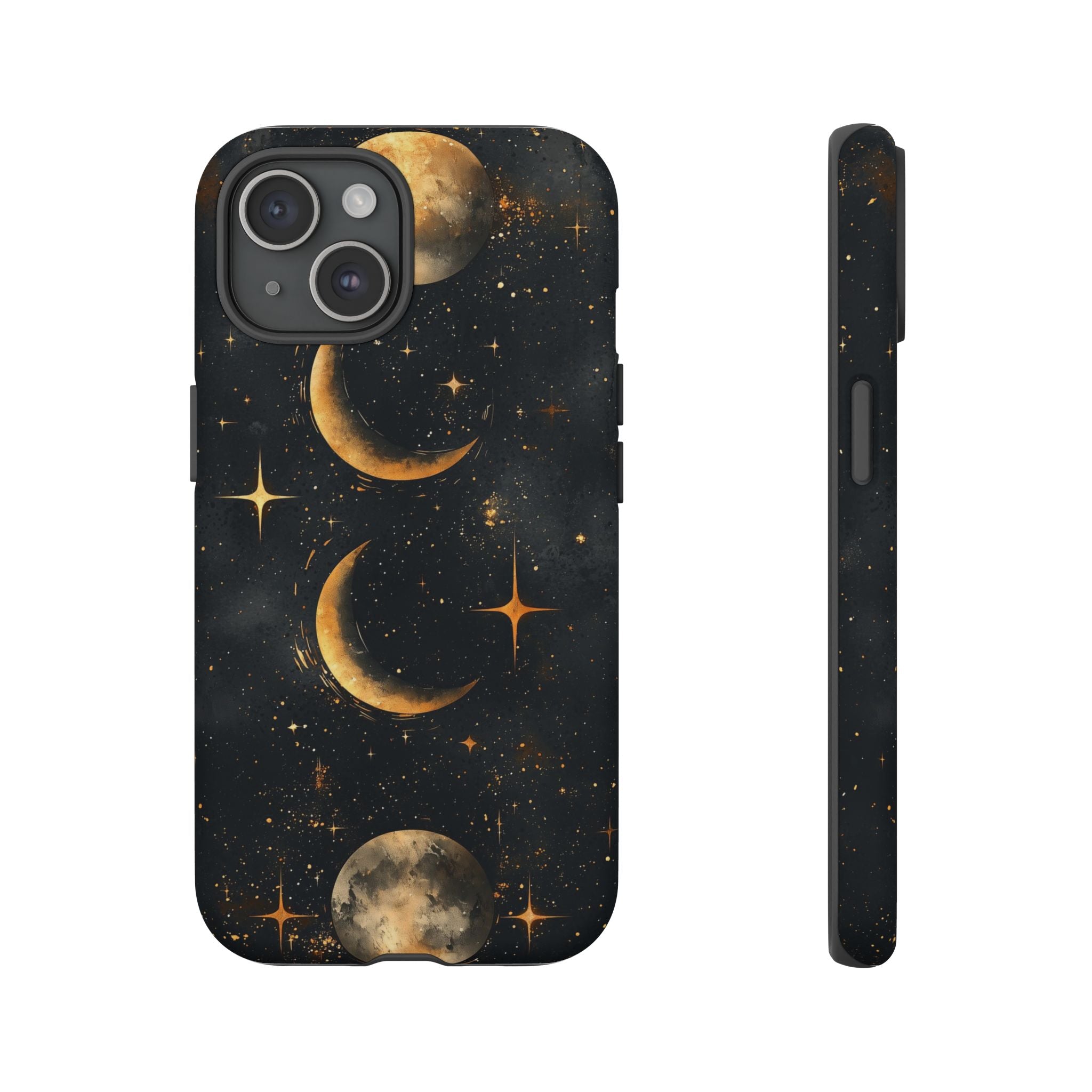 Celestial Moon Phases Tough iPhone Case | Gold Crescent & Full Moon Galaxy Design