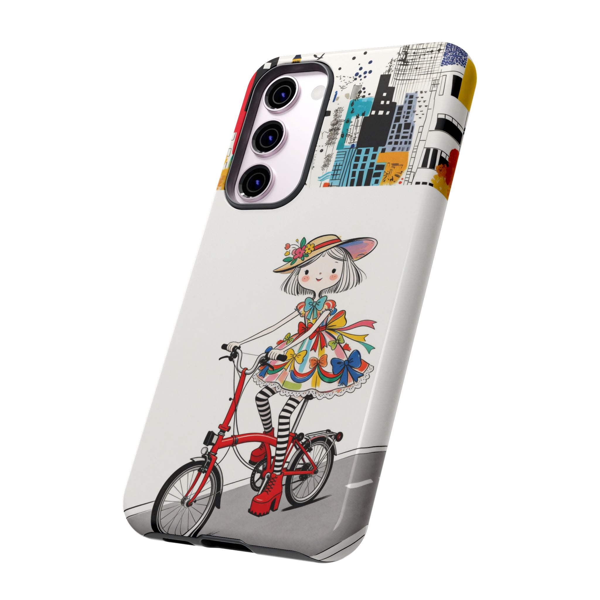 Whimsical Girl on Brompton Bicycle Urban Illustration Samsung Galaxy Phone Case