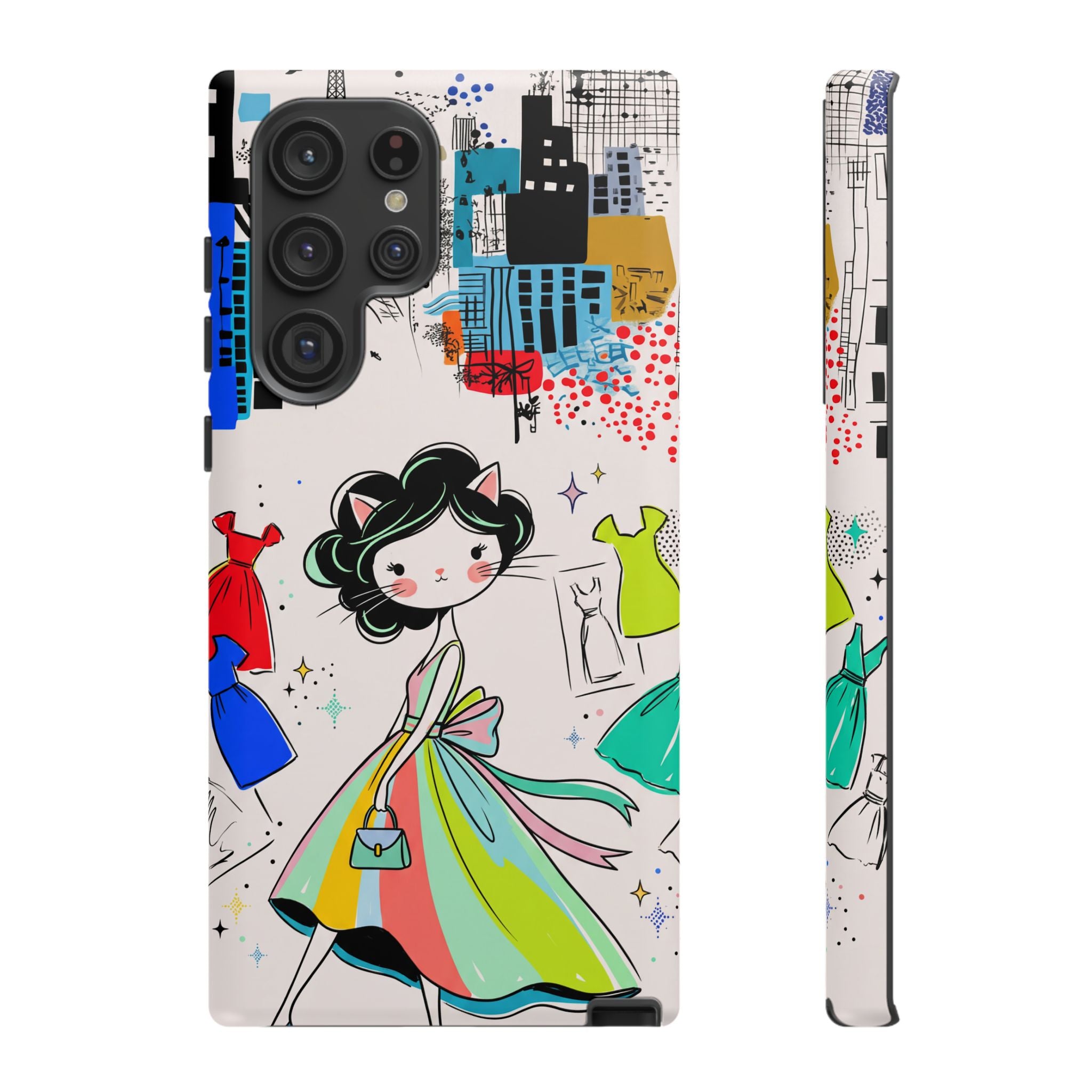 Retro Fashion Cat Girl Samsung Galaxy Phone Case | Cute Dress & City Print