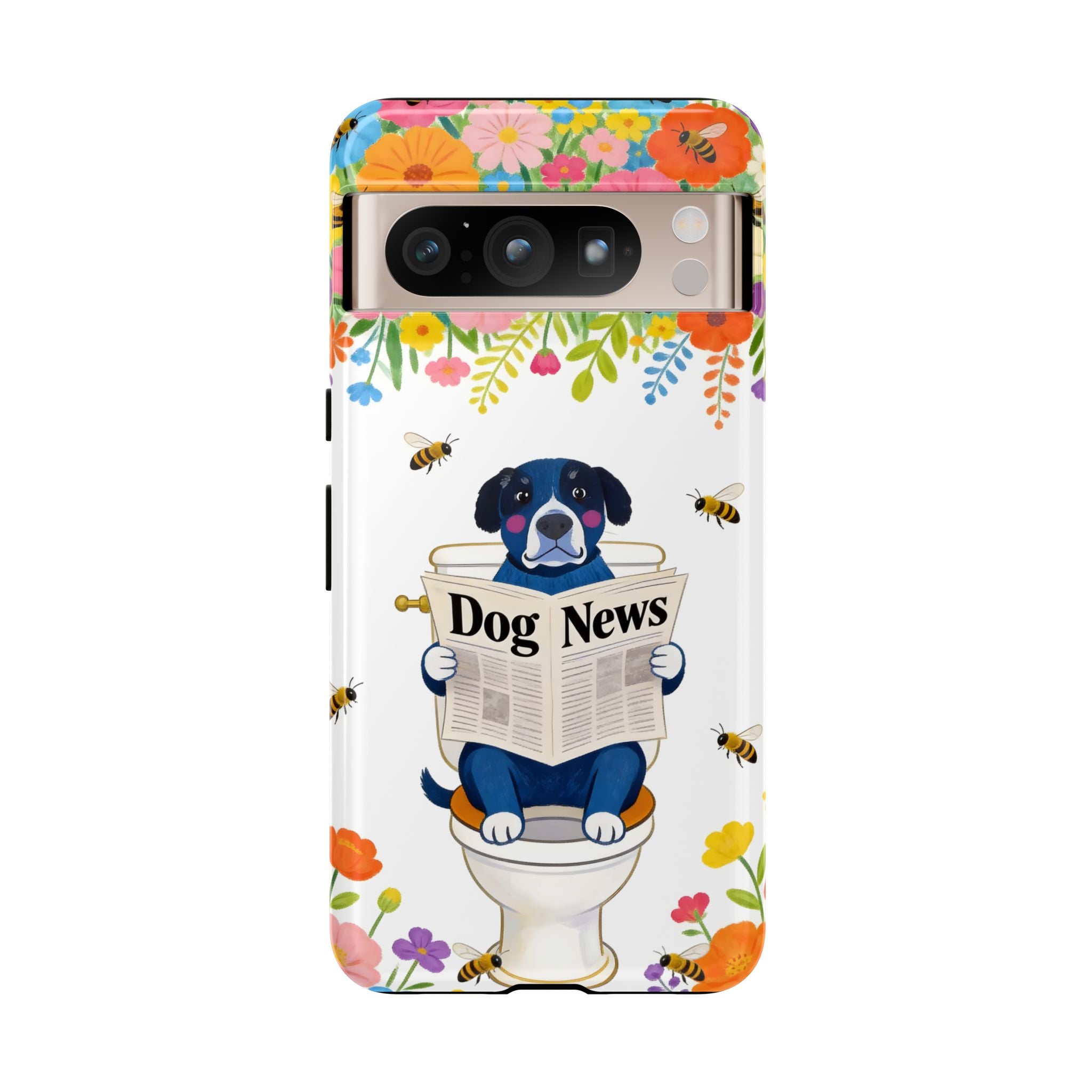 Dog News Floral Google Pixel Phone Case | Cute Dog on Toilet Pattern, Spring Floral