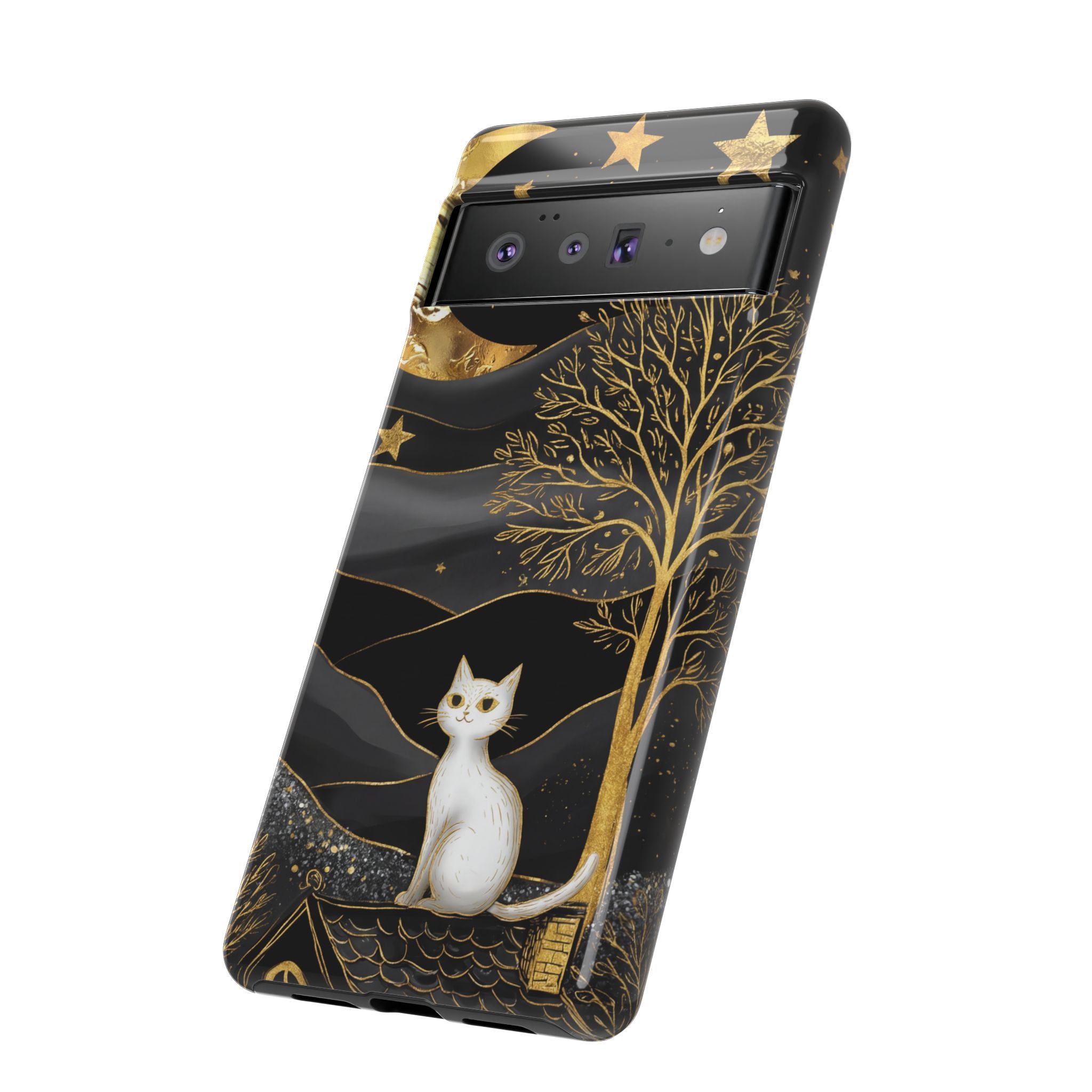 Mystic Night Cat Google Pixel Case | Gold Tree & Stars Tough Case