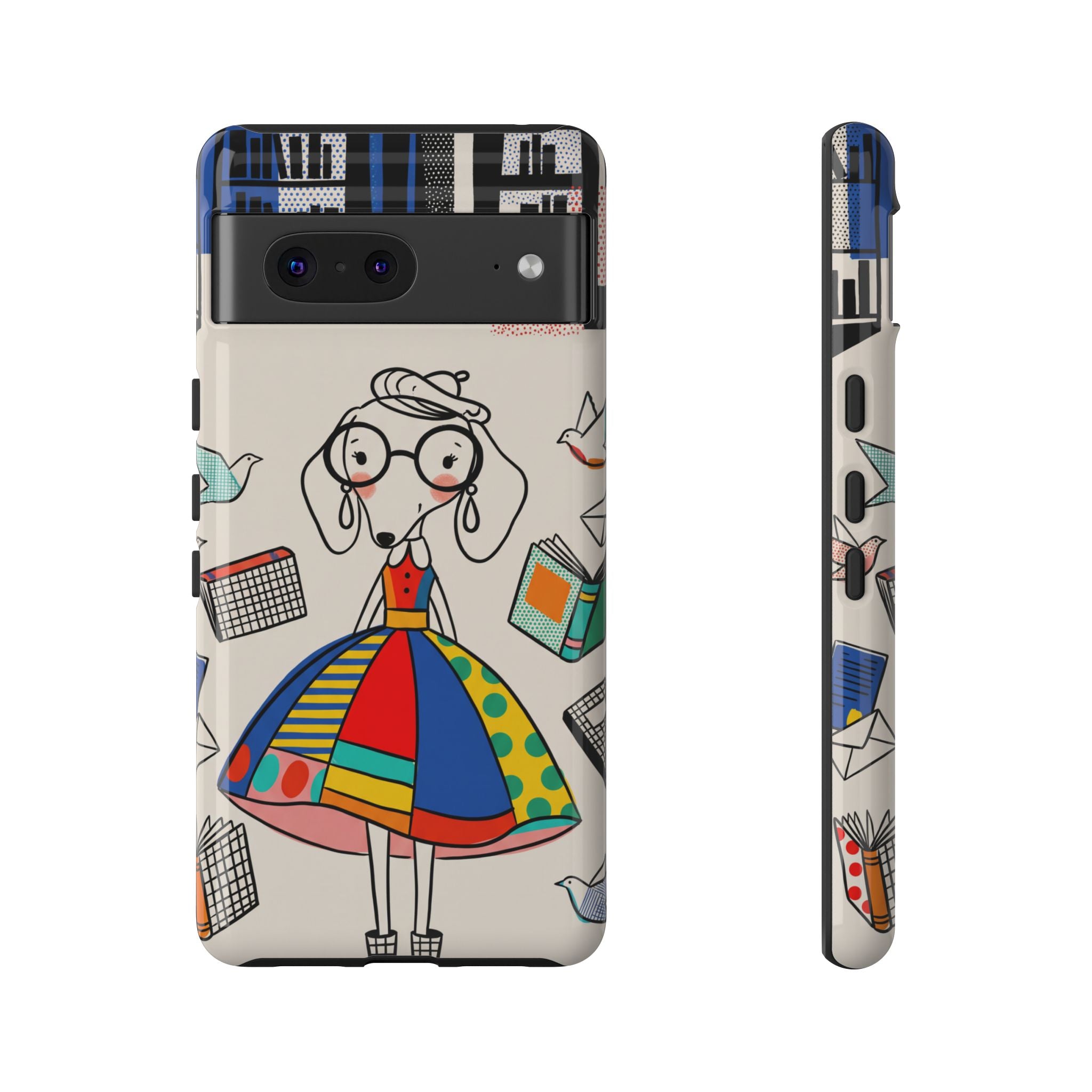 Cute Dachshund Dog Illustration Google Pixel Phone Case | Colorful Whimsical Book & Bird Design